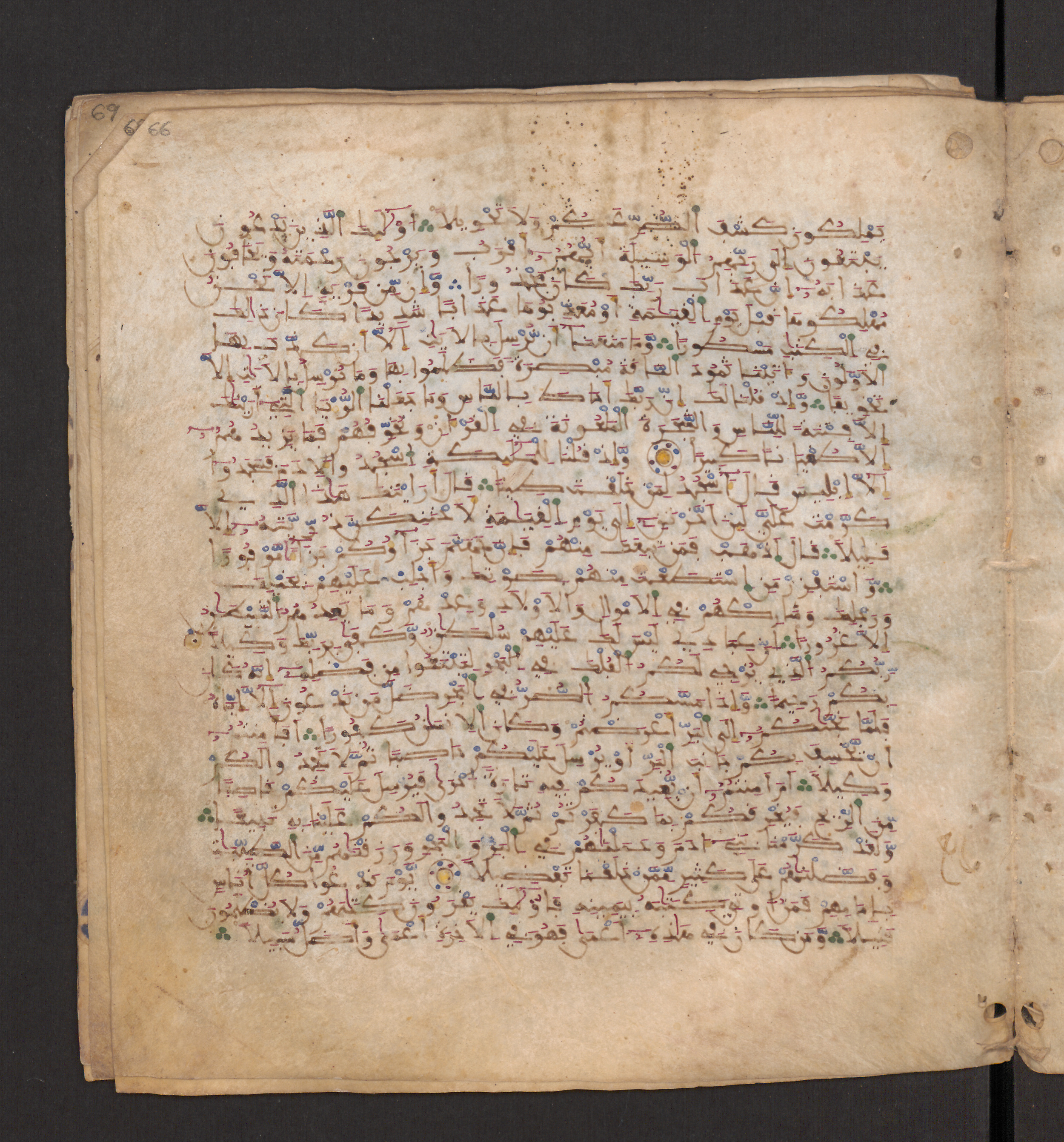 Doha, Qatar National Library, HC.MS.00715, in Maġribī micrography script, showing Surah 17:71 from 11th to 12th Century AD found in Muslim Iberia (al-Andalus), currently housed at Qatar National Library, Doha