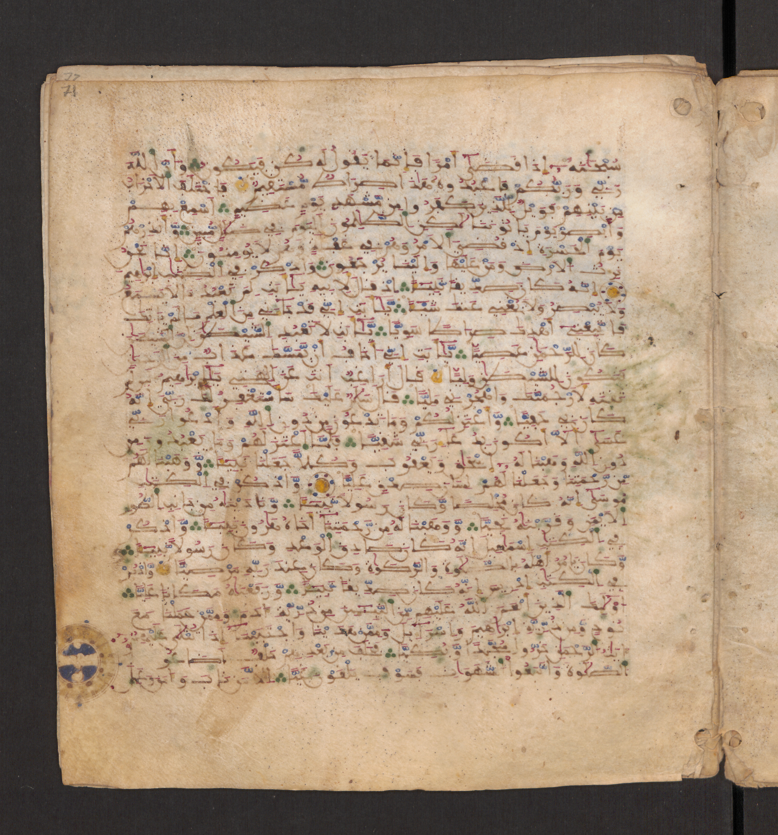 Doha, Qatar National Library, HC.MS.00715, in Maġribī micrography script, showing Surah 19:39 from 11th to 12th Century AD found in Muslim Iberia (al-Andalus), currently housed at Qatar National Library, Doha