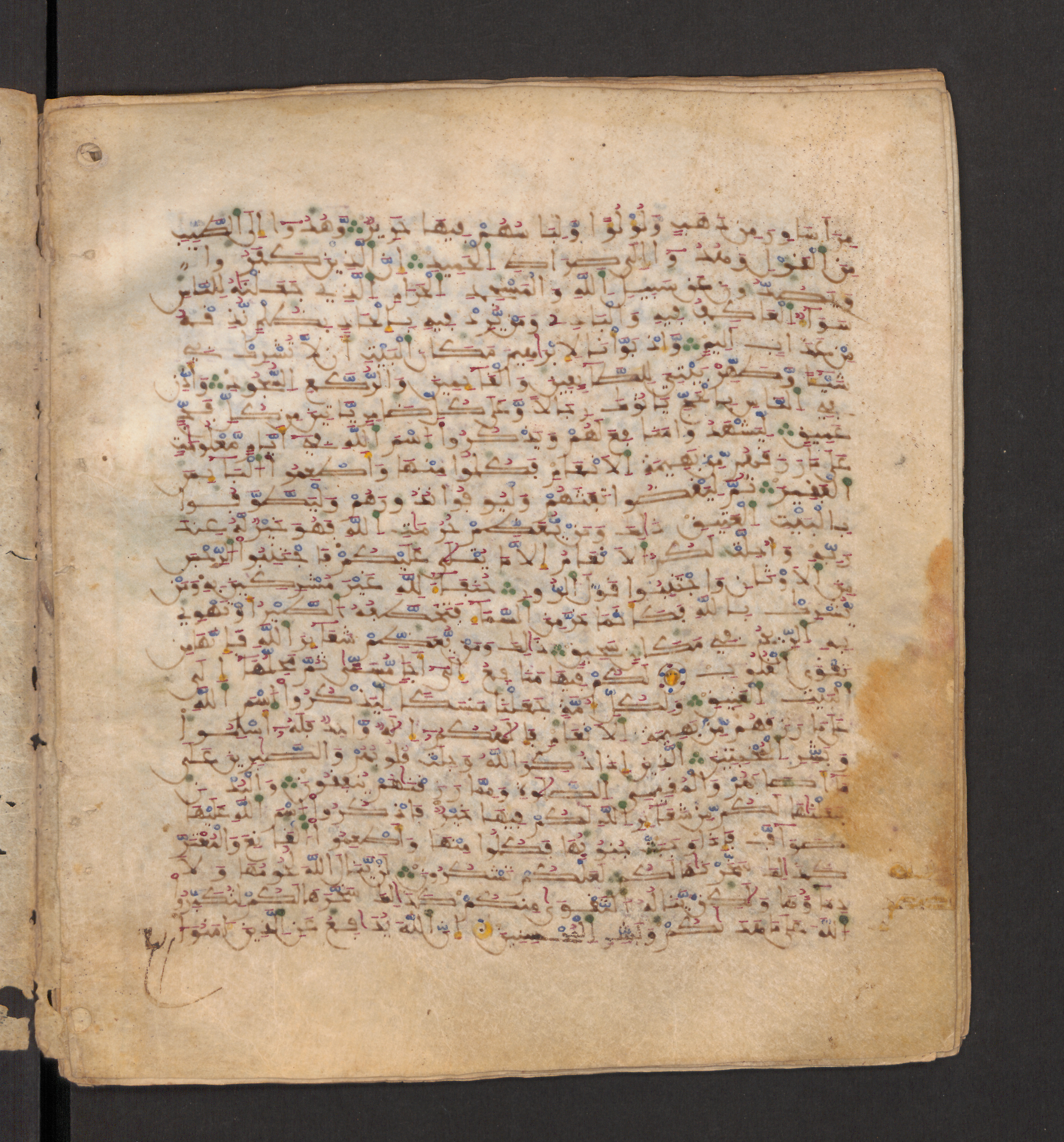 Doha, Qatar National Library, HC.MS.00715, in Maġribī micrography script, showing Surah 22:33 from 11th to 12th Century AD found in Muslim Iberia (al-Andalus), currently housed at Qatar National Library, Doha