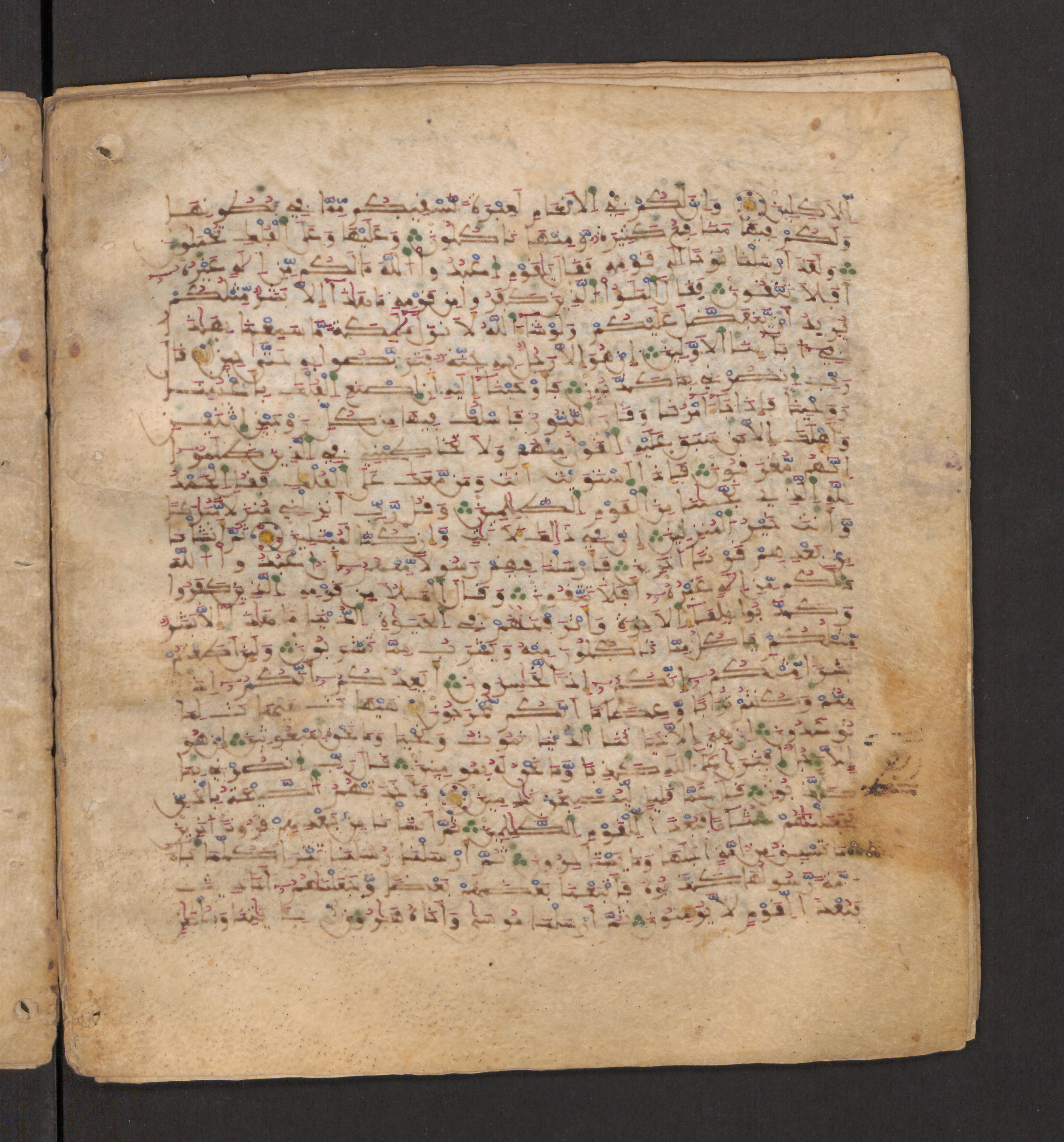 Doha, Qatar National Library, HC.MS.00715 (Scan 1), in Maġribī micrography script, showing Surah 23:45 from 11th to 12th Century AD found in Muslim Iberia (al-Andalus), currently housed at Qatar National Library, Doha