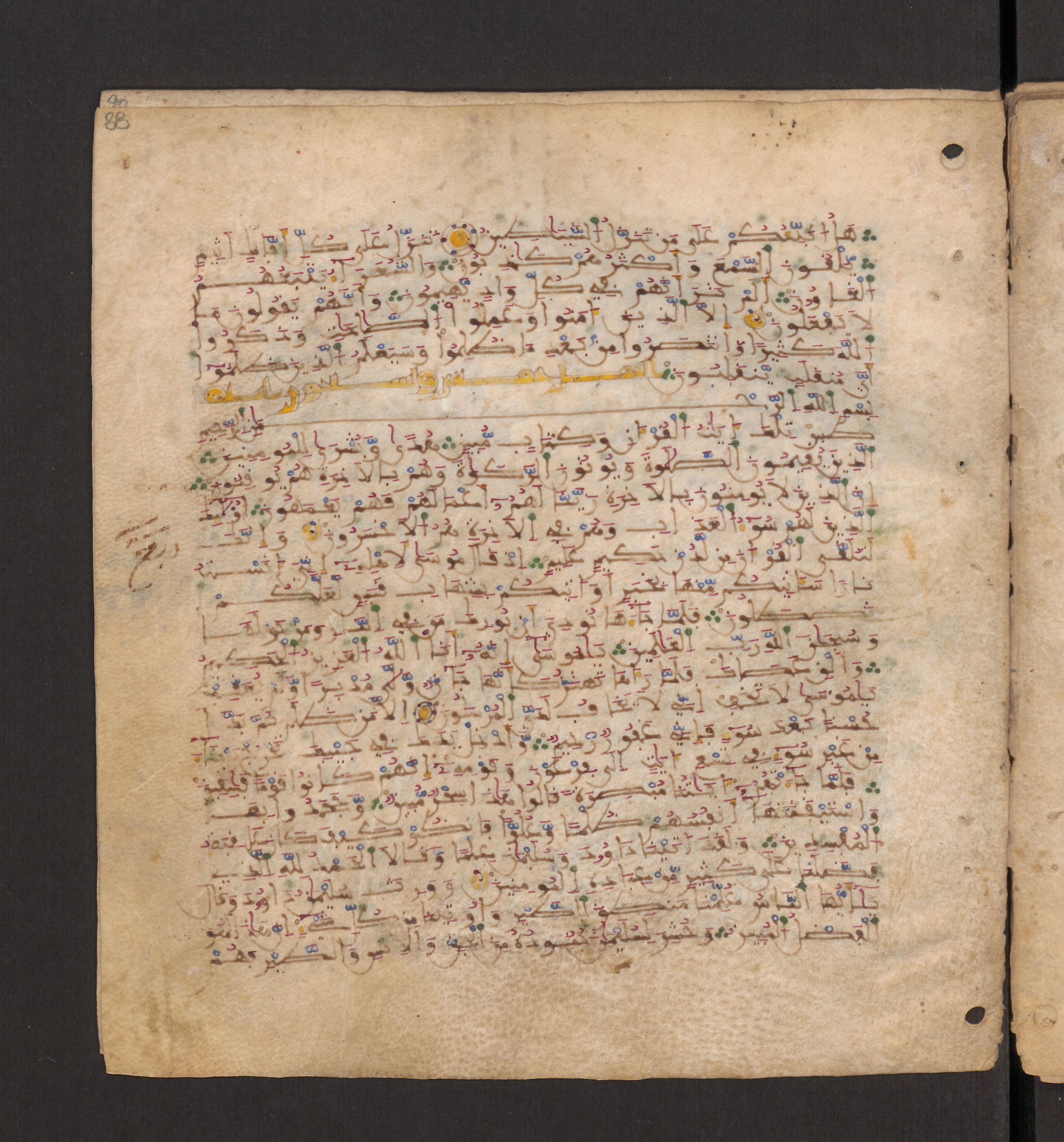 Doha, Qatar National Library, HC.MS.00715, in Maġribī micrography script, showing Surah 27:13 from 11th to 12th Century AD found in Muslim Iberia (al-Andalus), currently housed at Qatar National Library, Doha