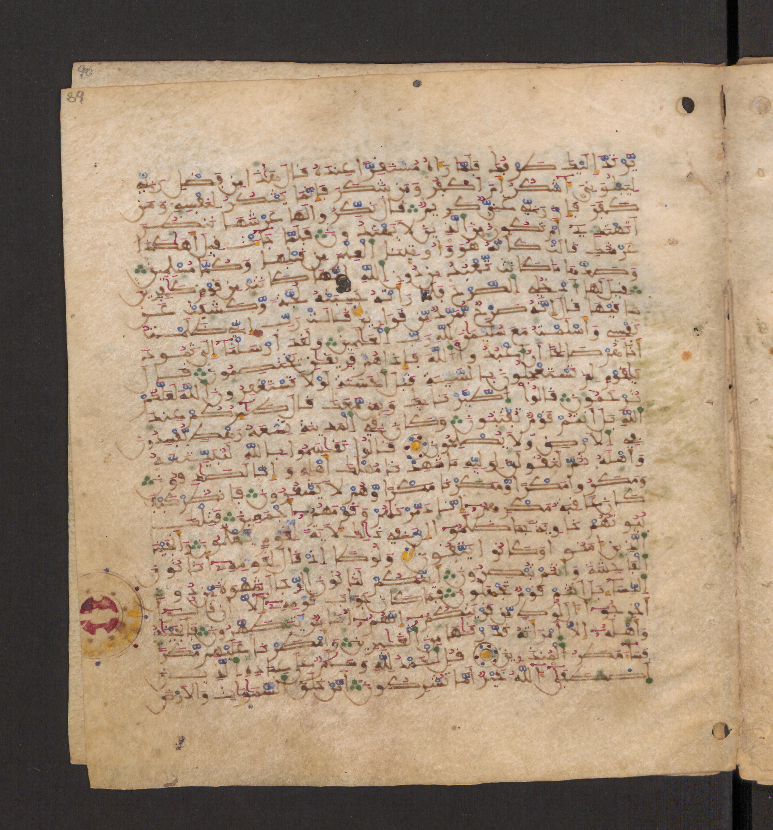 Doha, Qatar National Library, HC.MS.00715 (Scan 2), in Maġribī micrography script, showing Surah 27:39 from 11th to 12th Century AD found in Muslim Iberia (al-Andalus), currently housed at Qatar National Library, Doha