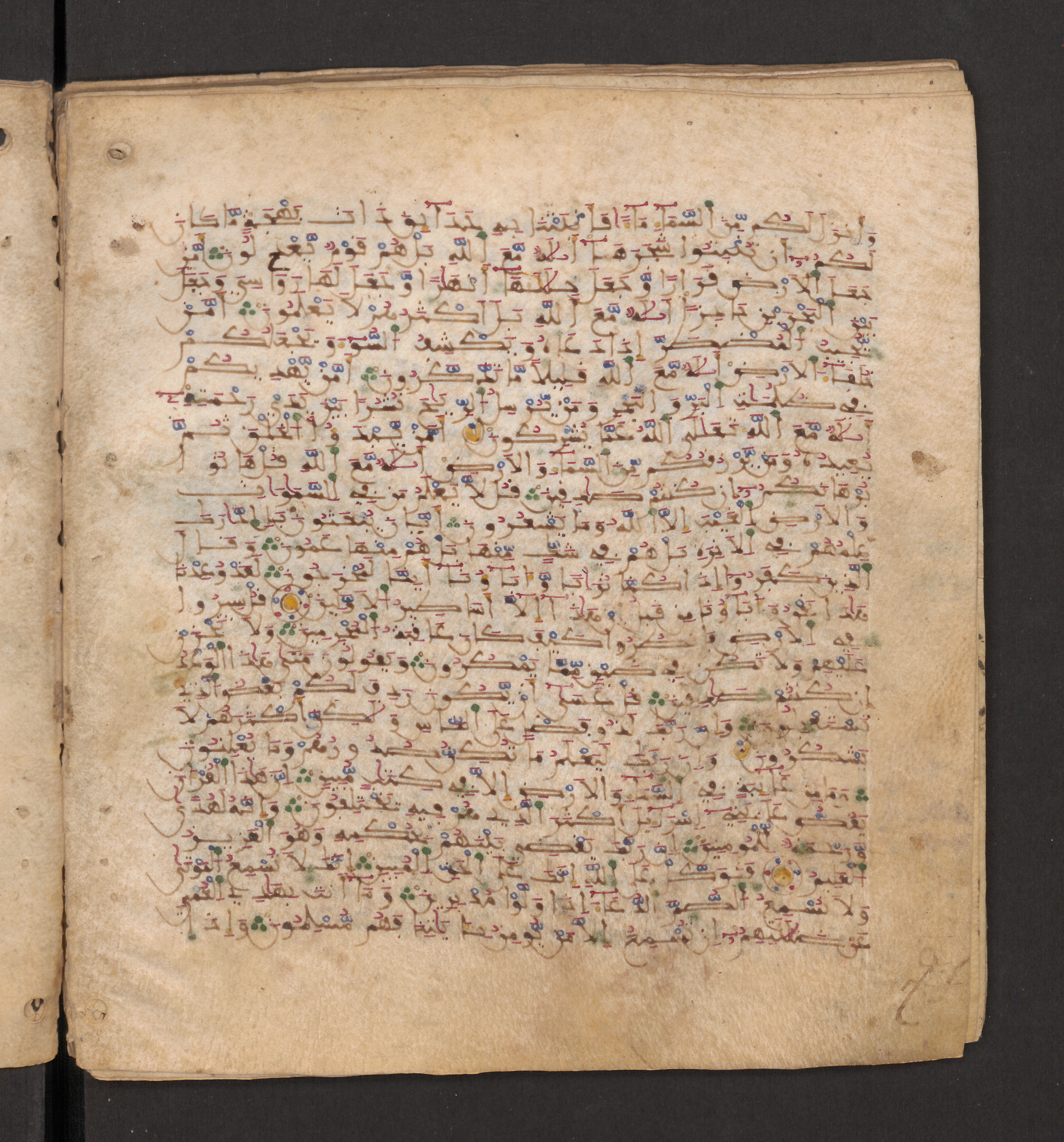 Doha, Qatar National Library, HC.MS.00715, in Maġribī micrography script, showing Surah 27:71 from 11th to 12th Century AD found in Muslim Iberia (al-Andalus), currently housed at Qatar National Library, Doha