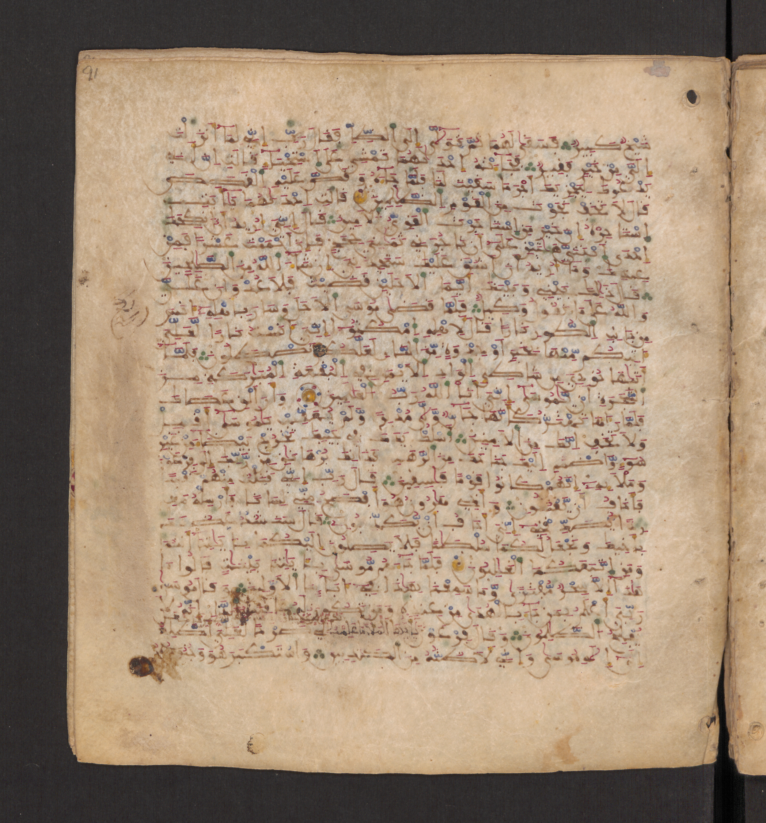 Doha, Qatar National Library, HC.MS.00715 (Scan 1), in Maġribī micrography script, showing Surah 28:39 from 11th to 12th Century AD found in Muslim Iberia (al-Andalus), currently housed at Qatar National Library, Doha