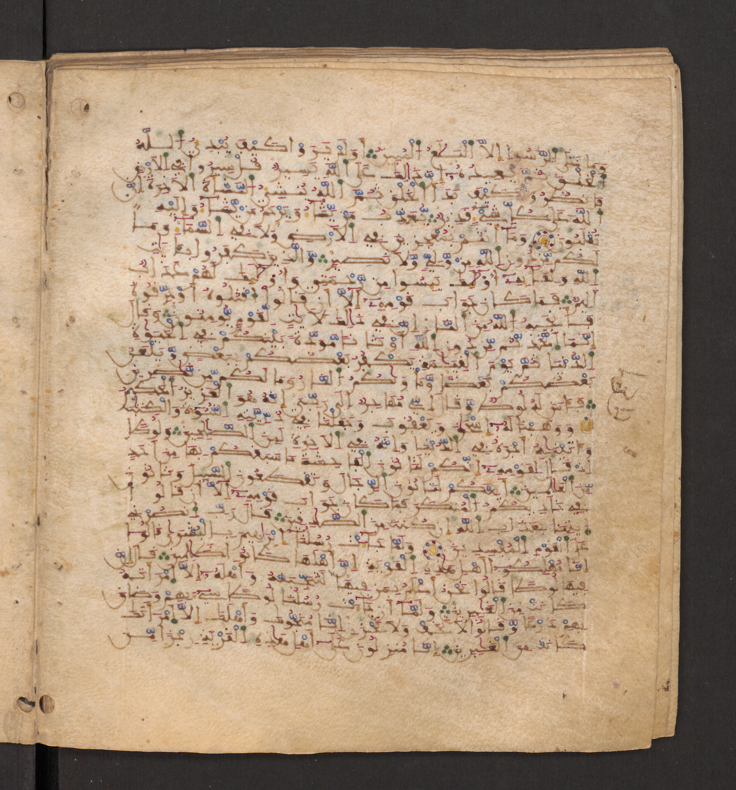 Doha, Qatar National Library, HC.MS.00715, in Maġribī micrography script, showing Surah 29:21 from 11th to 12th Century AD found in Muslim Iberia (al-Andalus), currently housed at Qatar National Library, Doha