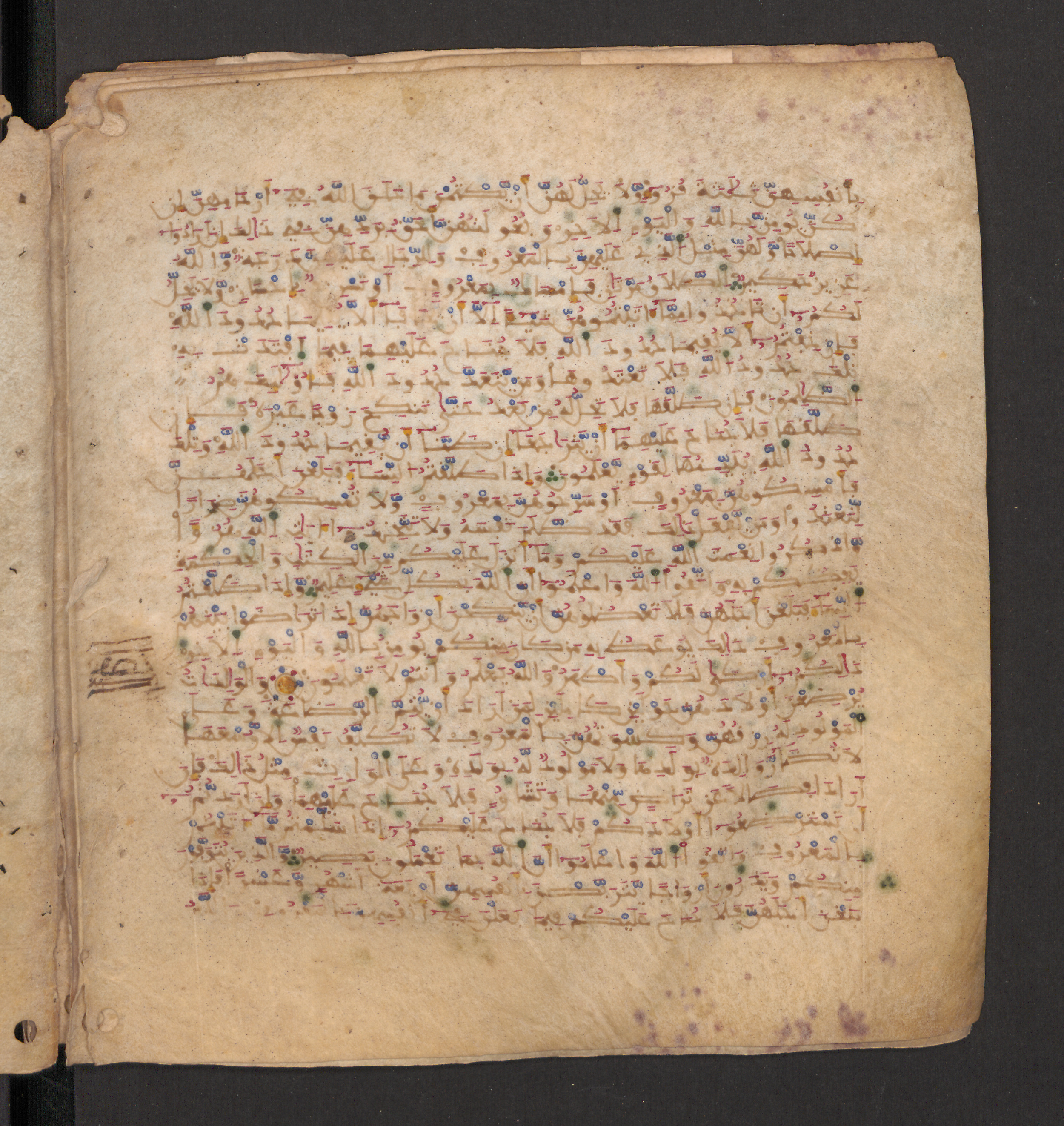 Doha, Qatar National Library, HC.MS.00715, in Maġribī micrography script, showing Surah 2:232 from 11th to 12th Century AD found in Muslim Iberia (al-Andalus), currently housed at Qatar National Library, Doha