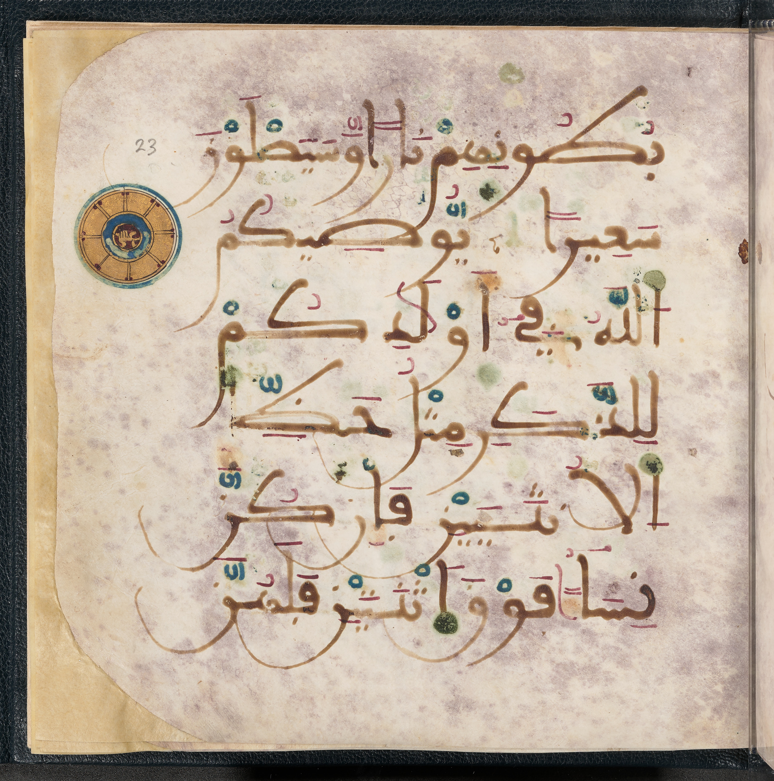 Qatar National Library HC.MS.03150 (Scan 1), in Large Maġribī mabsūṭ script, showing Surah 4:11 from First half of the 14th Century AD found in Northwest Africa (Maghreb) or al-Andalus, currently housed at Qatar National Library, Doha