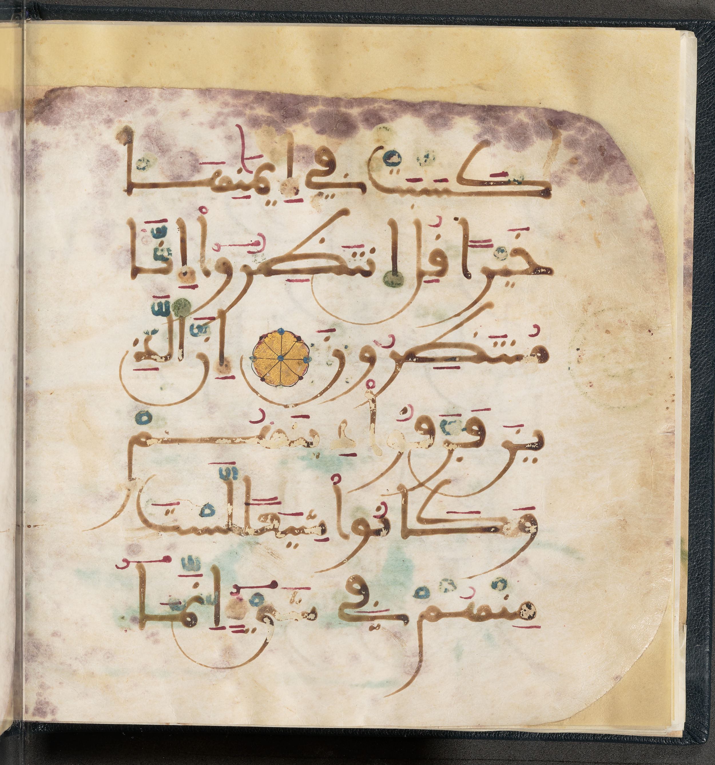 Qatar National Library HC.MS.03150 (Scan 1), in Large Maġribī mabsūṭ script, showing Surah 6:159 from First half of the 14th Century AD found in Northwest Africa (Maghreb) or al-Andalus, currently housed at Qatar National Library, Doha