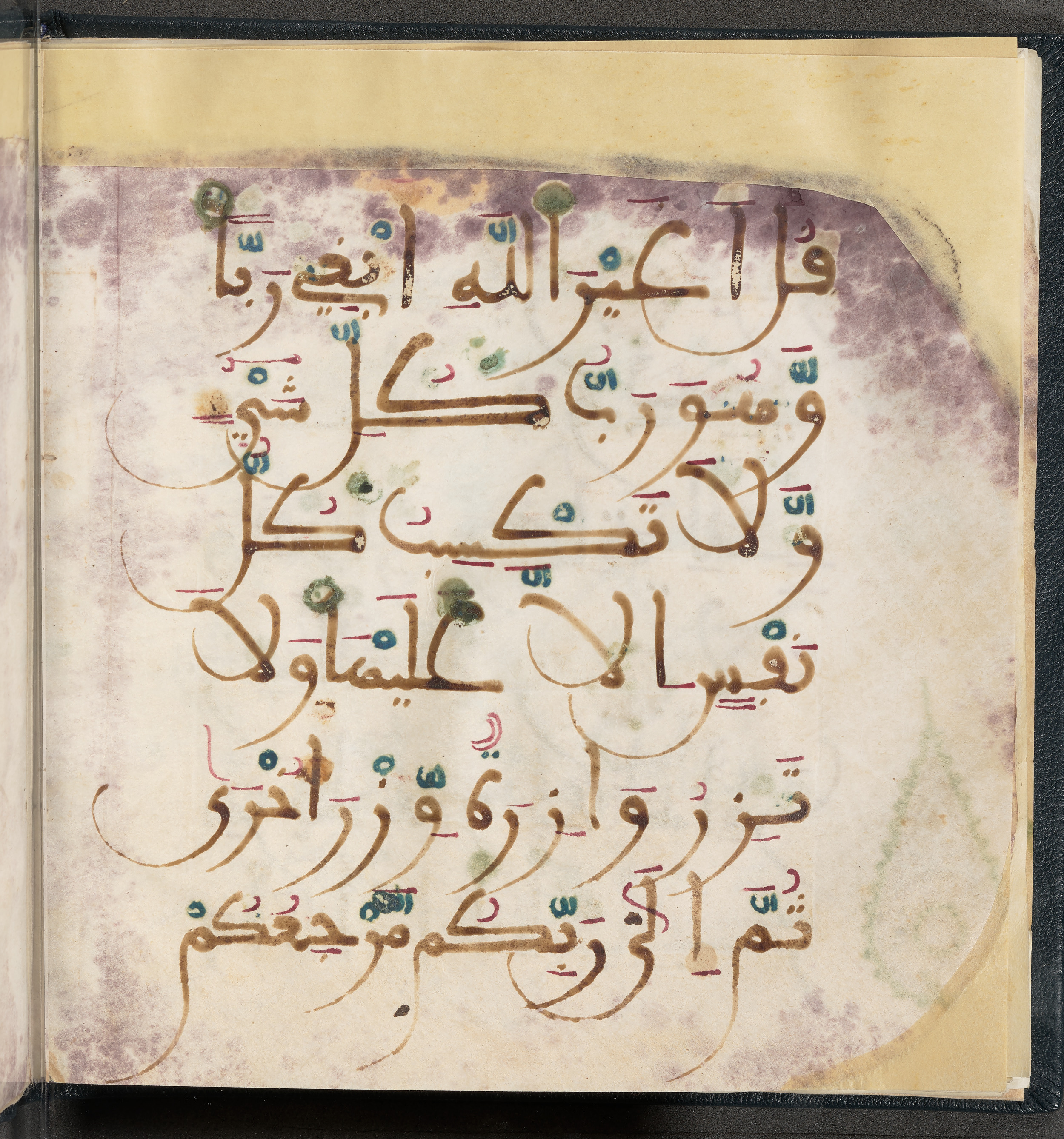 Qatar National Library HC.MS.03150 (Scan 1), in Large Maġribī mabsūṭ script, showing Surah 6:164 from First half of the 14th Century AD found in Northwest Africa (Maghreb) or al-Andalus, currently housed at Qatar National Library, Doha