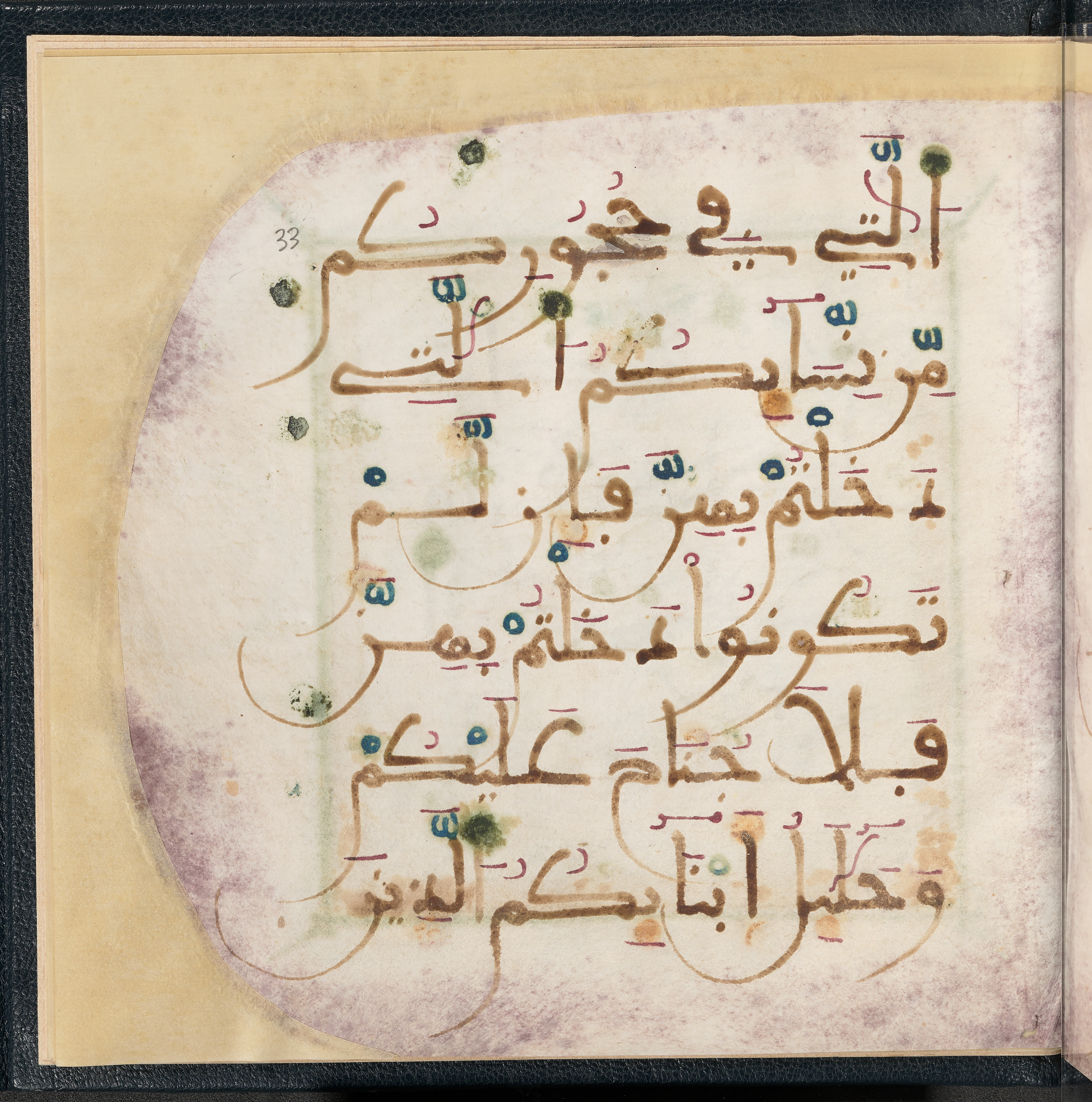 Qatar National Library HC.MS.03150 (Scan 3), in Large Maġribī mabsūṭ script, showing Surah 4:23 from First half of the 14th Century AD found in Northwest Africa (Maghreb) or al-Andalus, currently housed at Qatar National Library, Doha