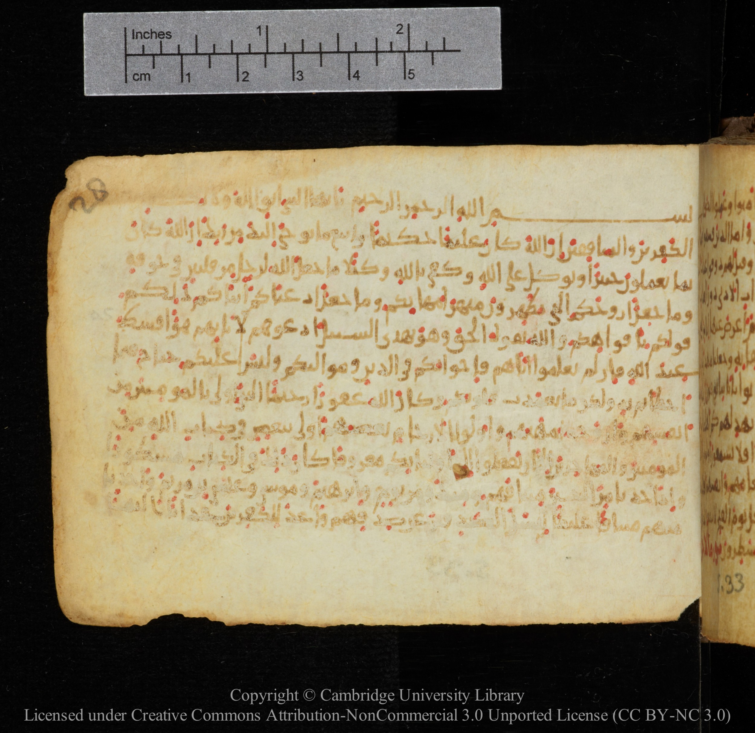 Cambridge, Cambridge University Library, MS Add.1141, in kūfī script, showing Surah 33:2 from 10th to 12th Century AD found in Sinai Peninsula, currently housed at Cambridge University Library, Cambridge