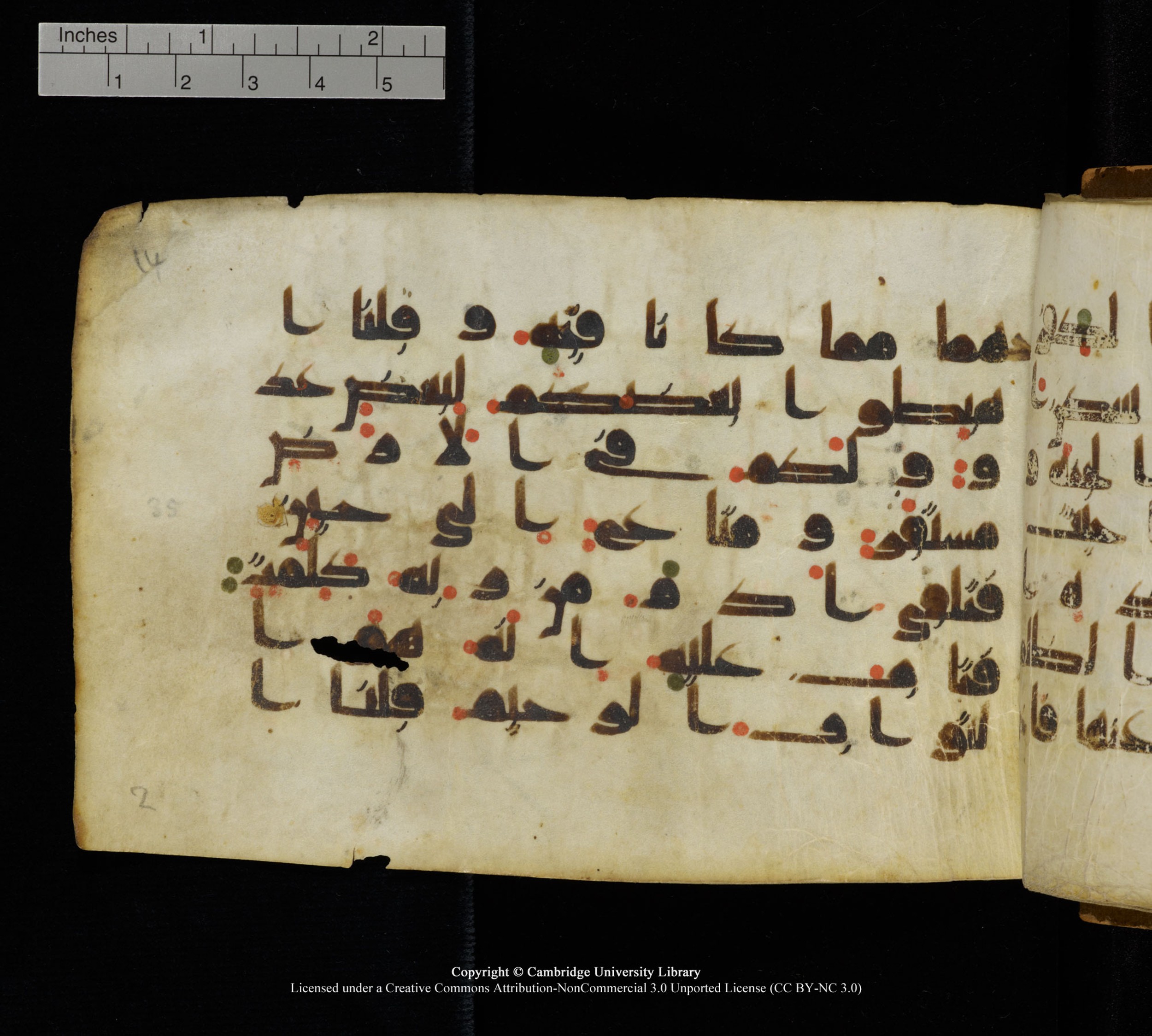 Cambridge, Cambridge University Library, MS Add.1111 (Scan 1), in kūfī D.I / D.IV script, showing Surah 2:38 from 9th or 10th Century AD found in Sinai Peninsula, currently housed at Cambridge University Library, Cambridge