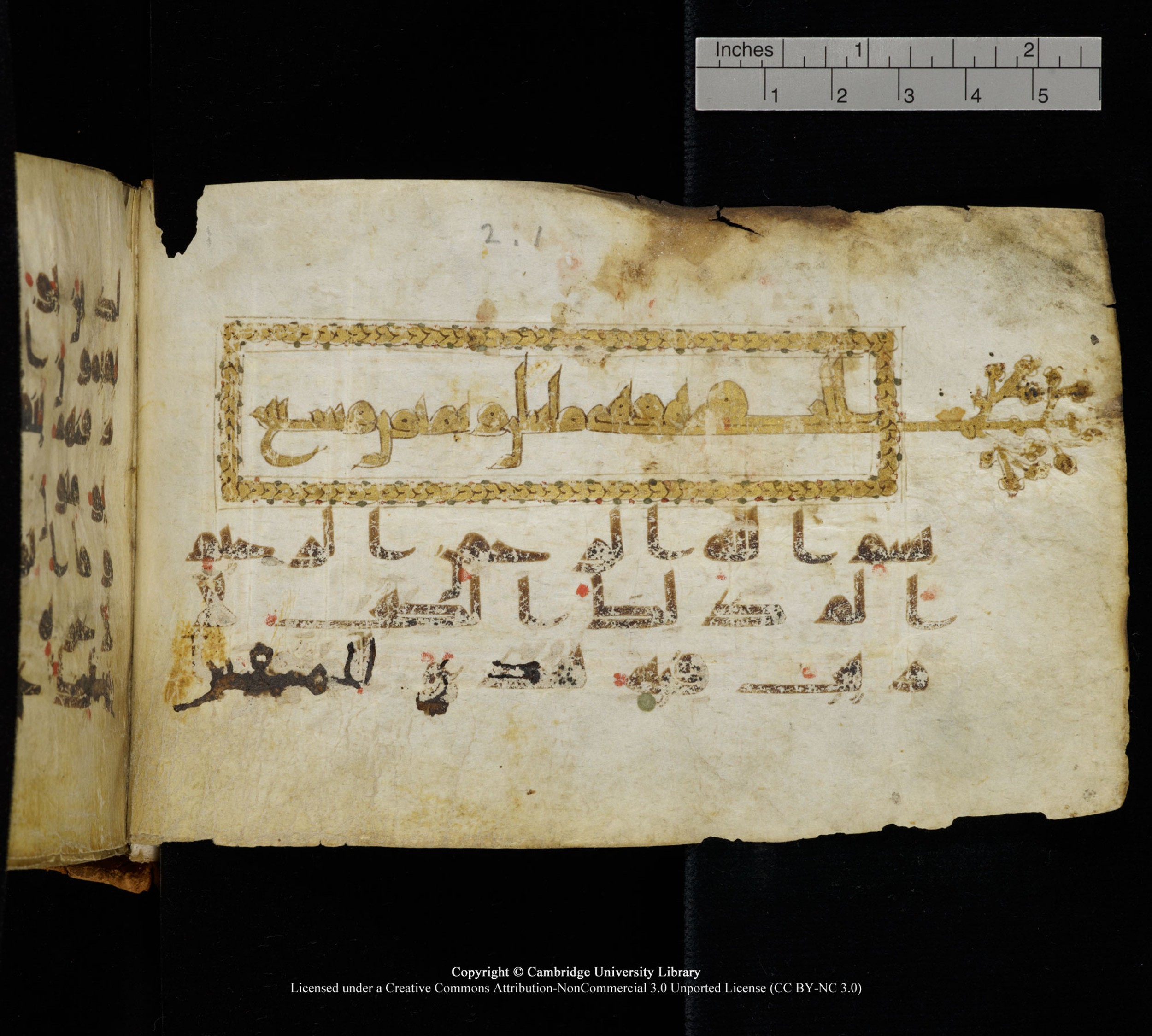 Cambridge, Cambridge University Library, MS Add.1111 (Scan 3), in kūfī D.I / D.IV script, showing Surah 2:0 from 9th or 10th Century AD found in Sinai Peninsula, currently housed at Cambridge University Library, Cambridge