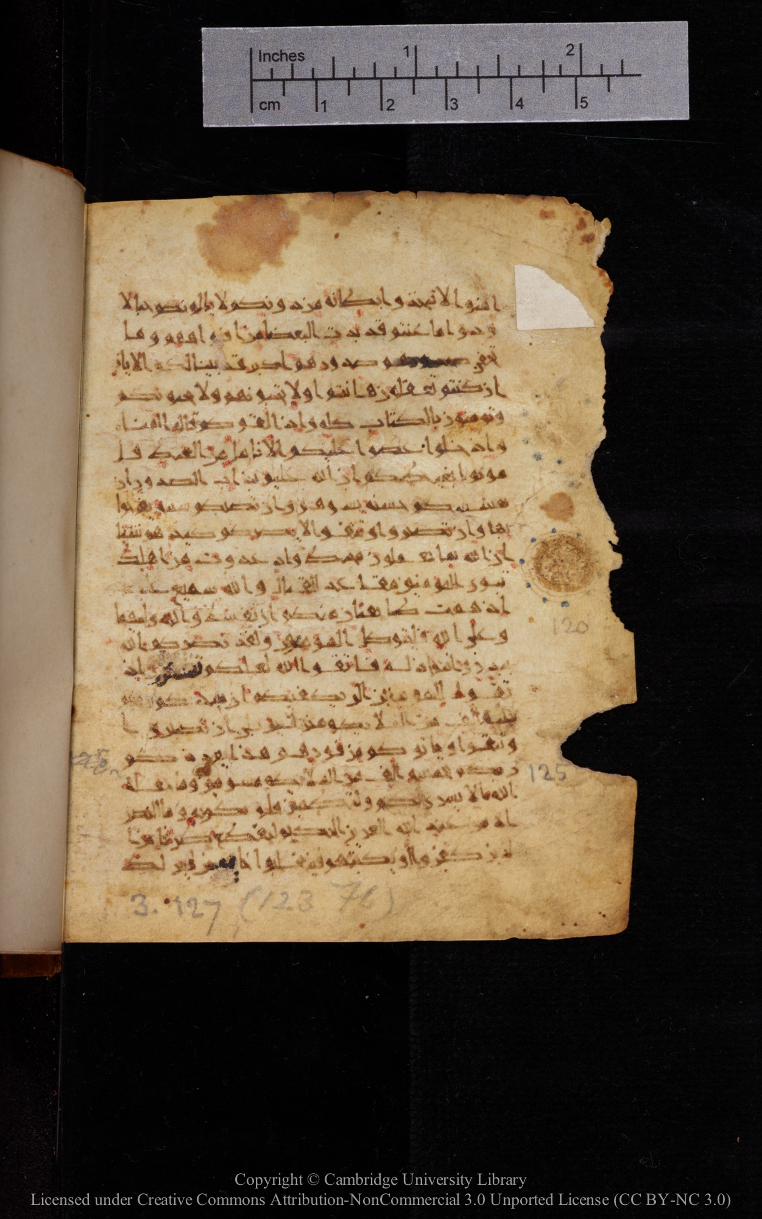 Cambridge University Library MS Add.1113, in new style I script, showing Surah 3:124 from 10th or 11th Century AD found in Sinai Peninsula, currently housed at Cambridge University Library, Cambridge, UK
