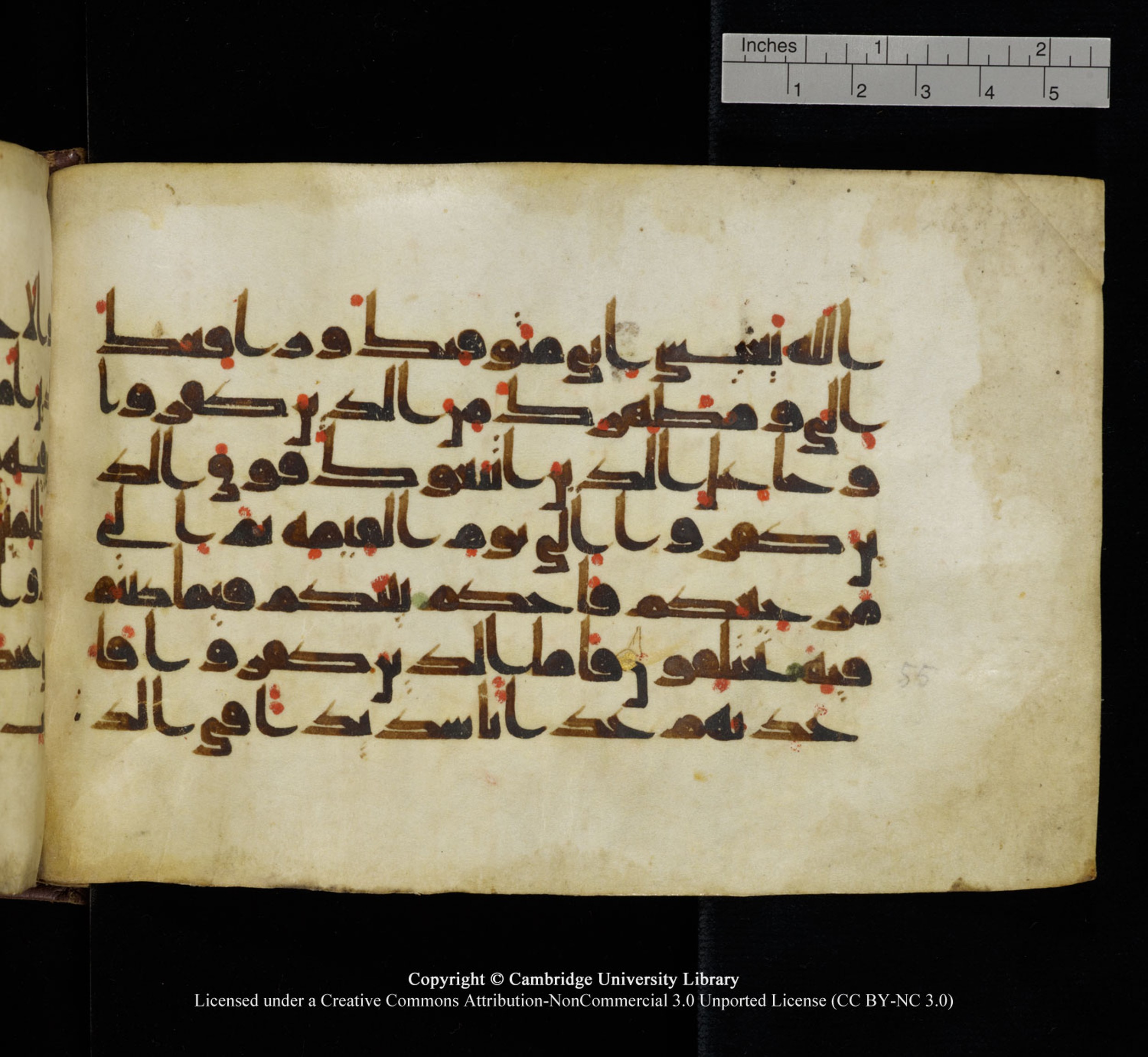 Cambridge University Library, MS Add.1115 (Scan 1), in kūfī D Va script, showing Surah 3:56 from 9th or 10th Century AD found in Sinai Peninsula, currently housed at Cambridge University Library, Cambridge