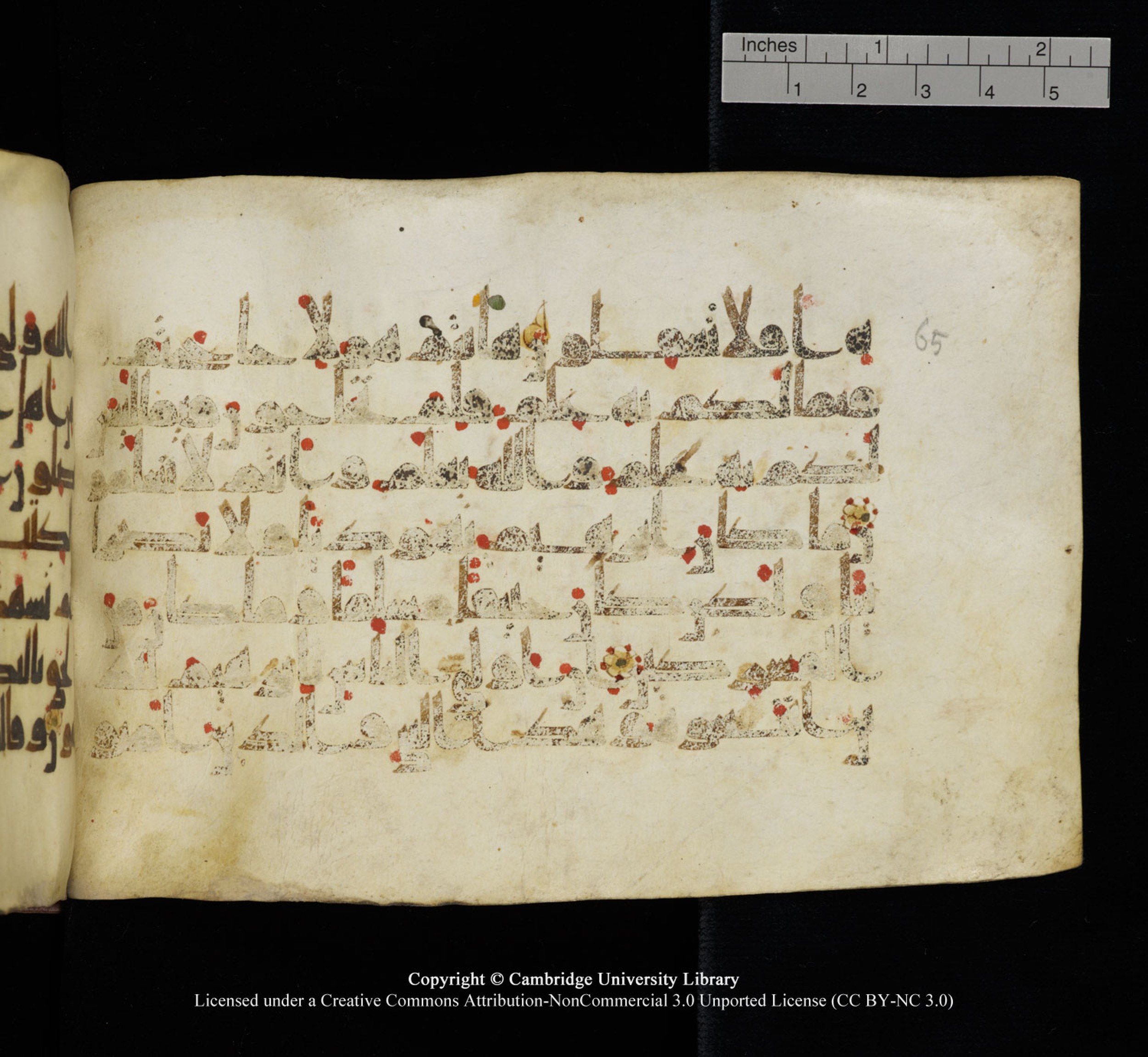 Cambridge University Library, MS Add.1115 (Scan 2), in kūfī D Va script, showing Surah 3:65 from 9th or 10th Century AD found in Sinai Peninsula, currently housed at Cambridge University Library, Cambridge
