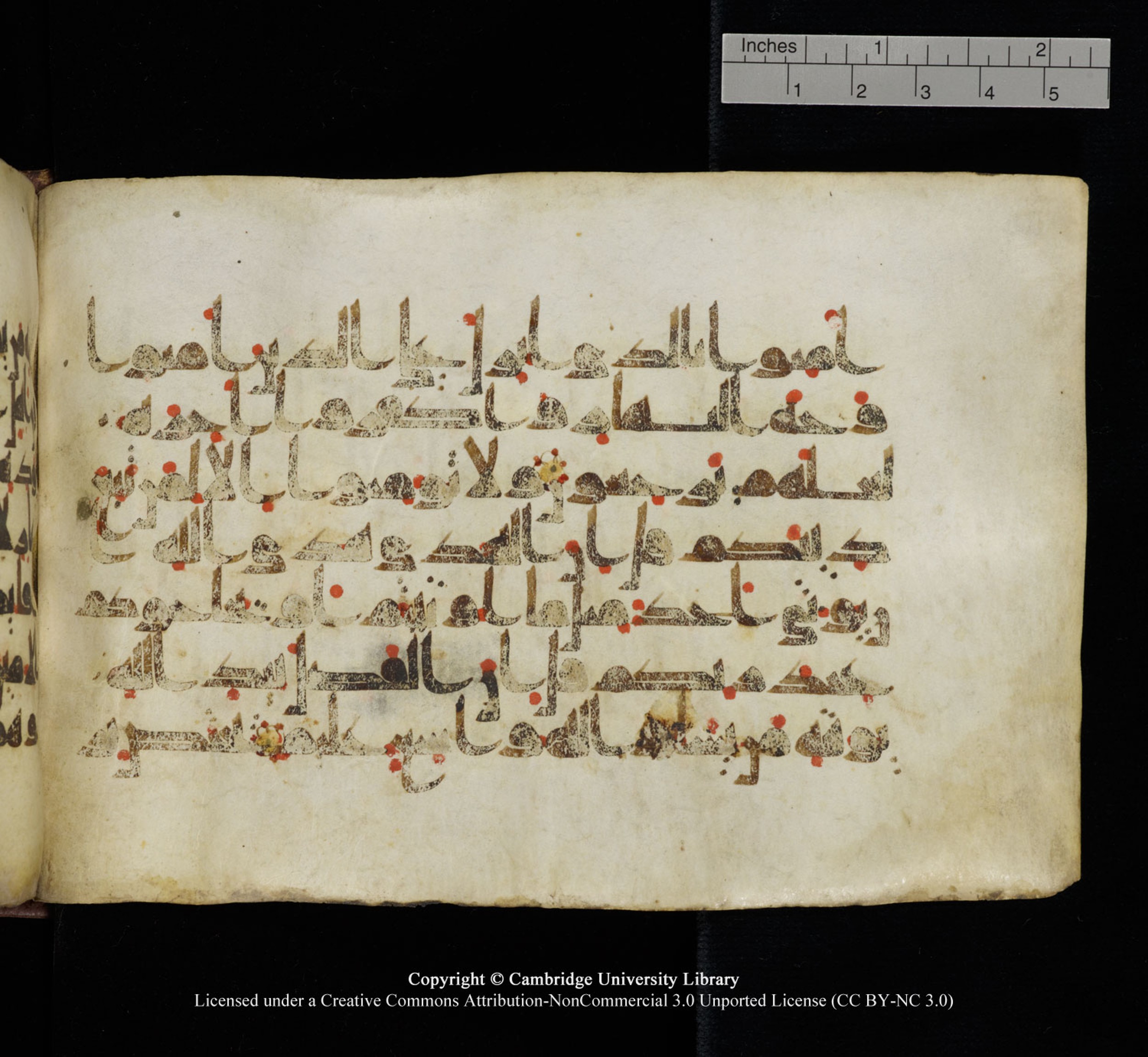 Cambridge University Library, MS Add.1115, in kūfī D Va script, showing Surah 3:73 from 9th or 10th Century AD found in Sinai Peninsula, currently housed at Cambridge University Library, Cambridge