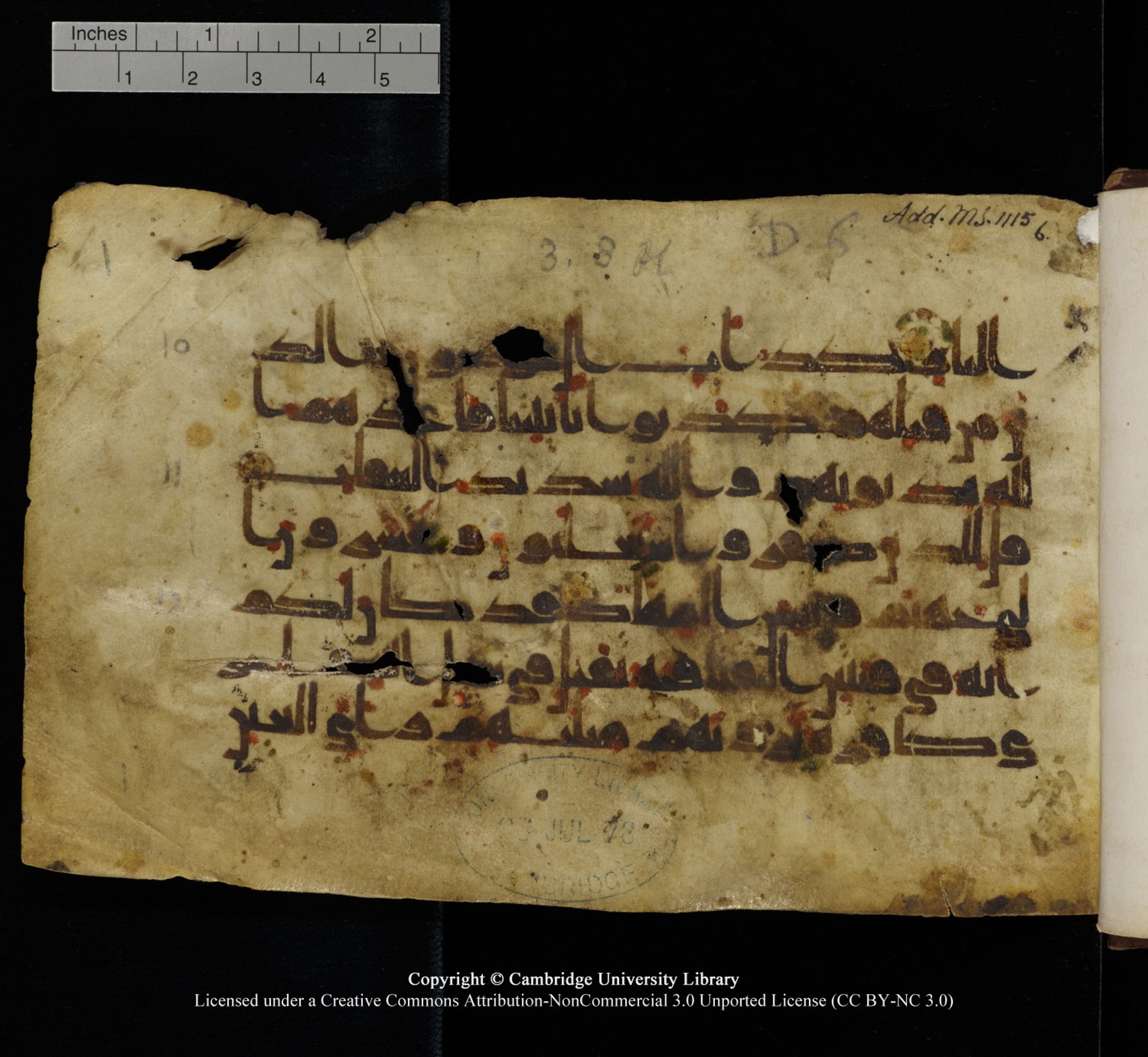 Cambridge University Library, MS Add.1115, in kūfī D Va script, showing Surah 3:12 from 9th or 10th Century AD found in Sinai Peninsula, currently housed at Cambridge University Library, Cambridge