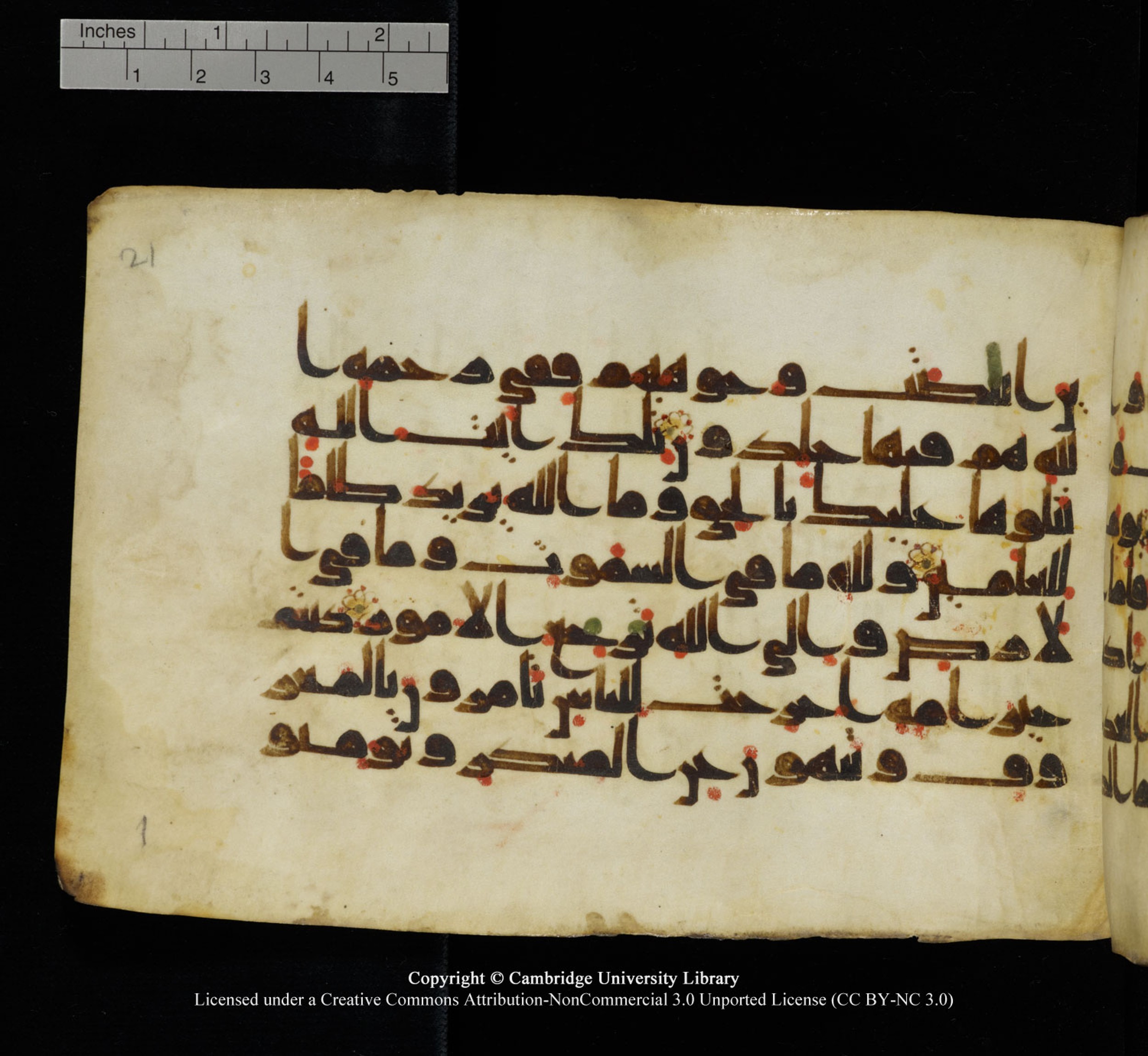 Cambridge University Library, MS Add.1115 (Scan 1), in kūfī D Va script, showing Surah 3:110 from 9th or 10th Century AD found in Sinai Peninsula, currently housed at Cambridge University Library, Cambridge