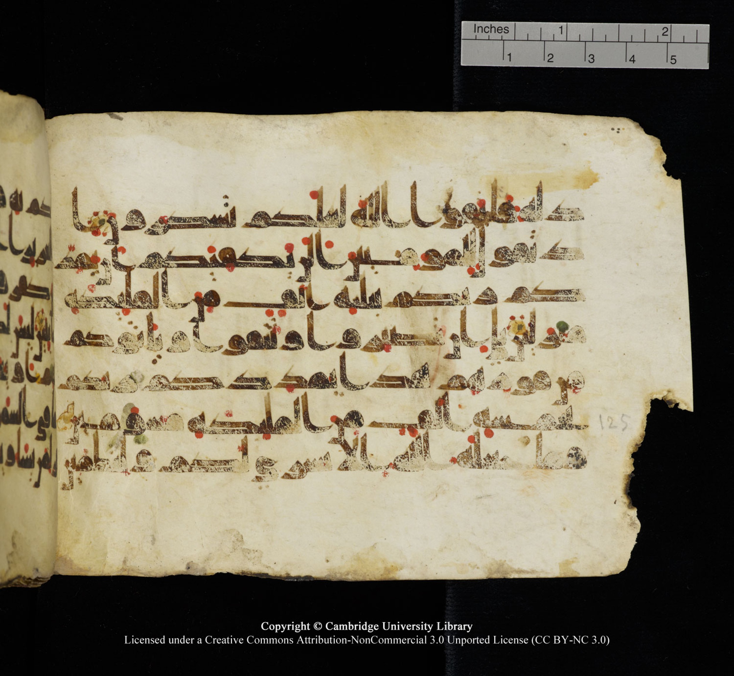 Cambridge University Library, MS Add.1115, in kūfī D Va script, showing Surah 3:124 from 9th or 10th Century AD found in Sinai Peninsula, currently housed at Cambridge University Library, Cambridge