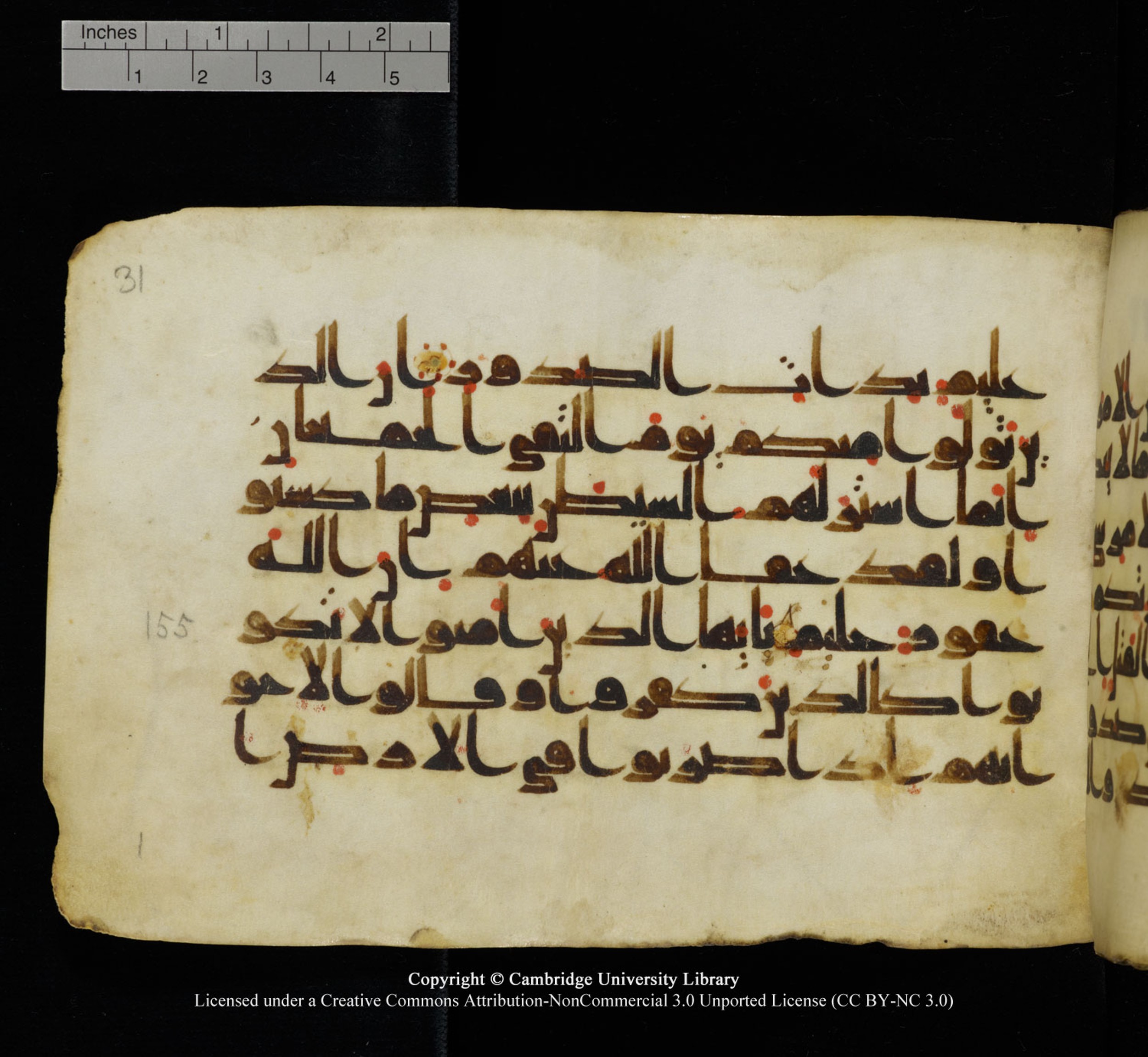 Cambridge University Library, MS Add.1115 (Scan 3), in kūfī D Va script, showing Surah 3:154 from 9th or 10th Century AD found in Sinai Peninsula, currently housed at Cambridge University Library, Cambridge
