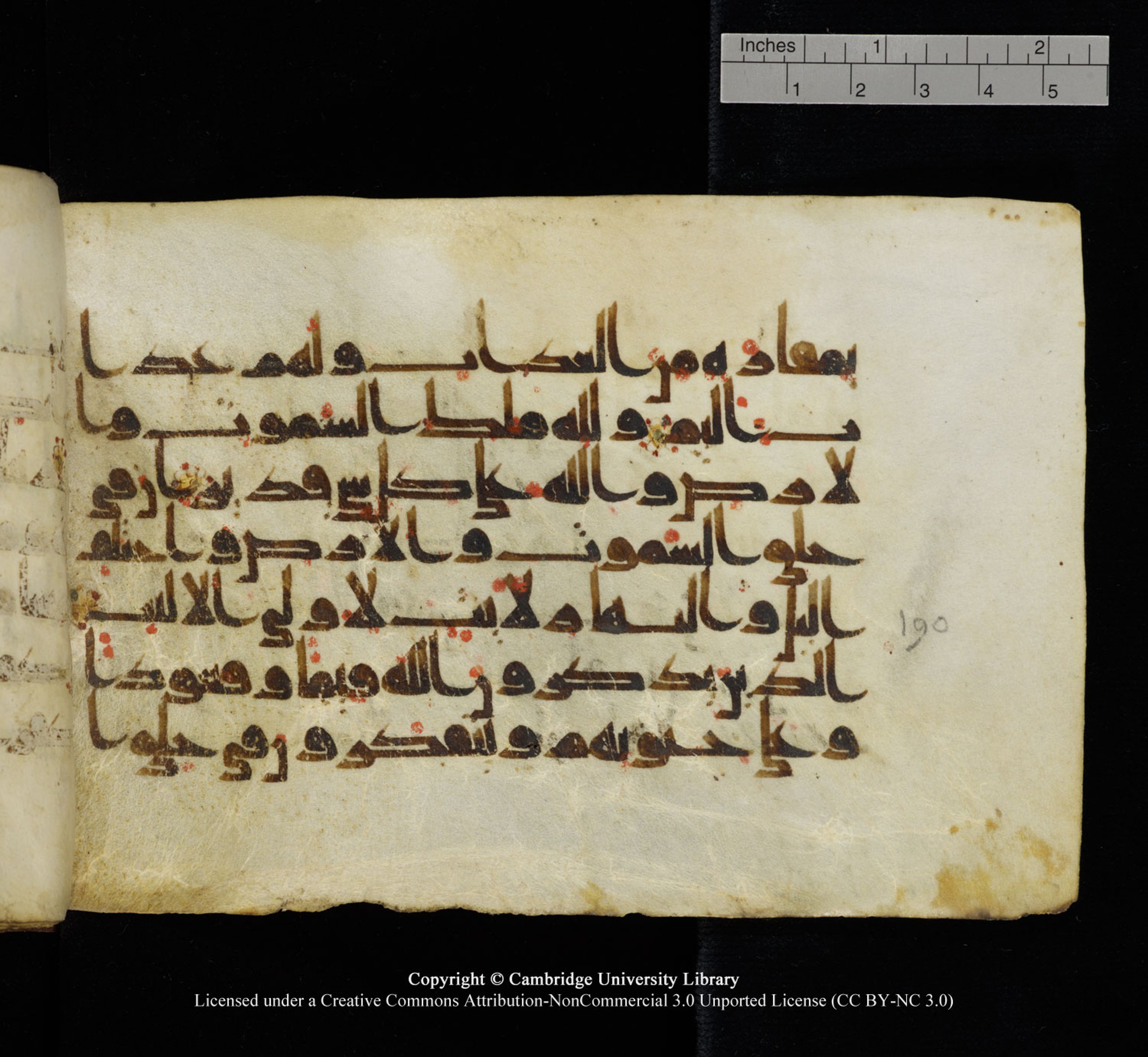 Cambridge University Library, MS Add.1115 (Scan 1), in kūfī D Va script, showing Surah 3:191 from 9th or 10th Century AD found in Sinai Peninsula, currently housed at Cambridge University Library, Cambridge