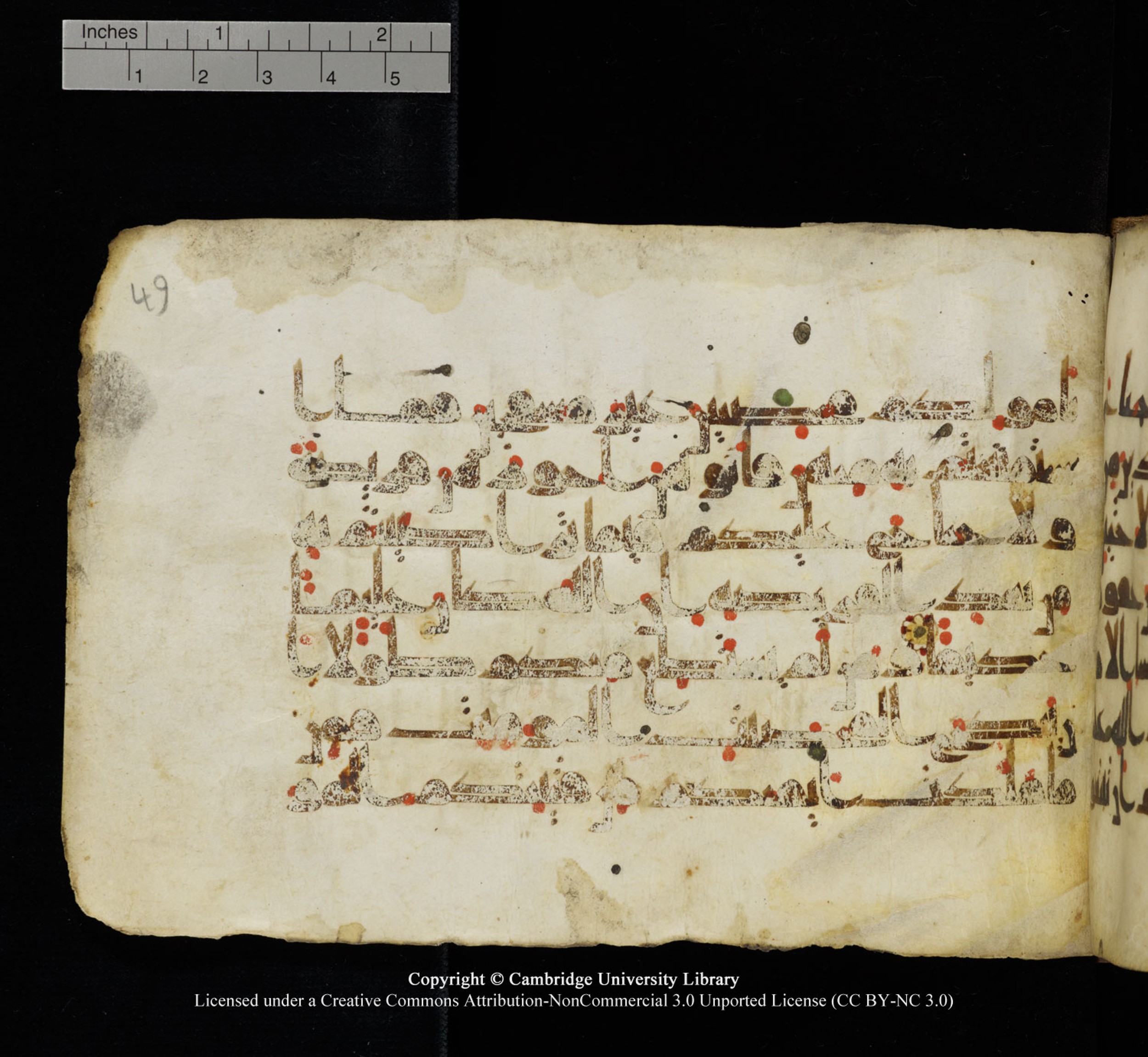 Cambridge University Library, MS Add.1115 (Scan 1), in kūfī D Va script, showing Surah 4:25 from 9th or 10th Century AD found in Sinai Peninsula, currently housed at Cambridge University Library, Cambridge