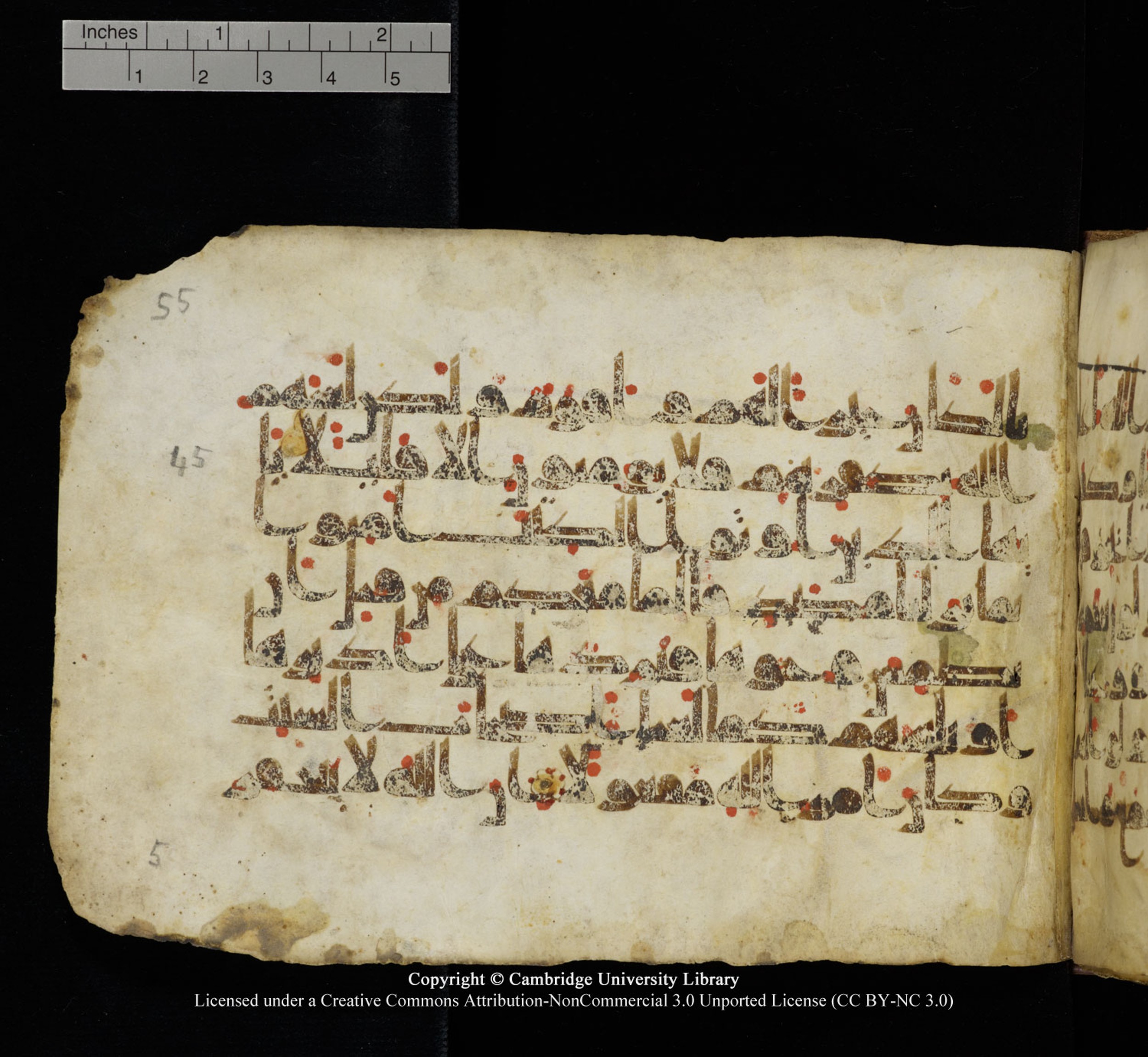 Cambridge University Library, MS Add.1115 (Scan 2), in kūfī D Va script, showing Surah 4:46 from 9th or 10th Century AD found in Sinai Peninsula, currently housed at Cambridge University Library, Cambridge