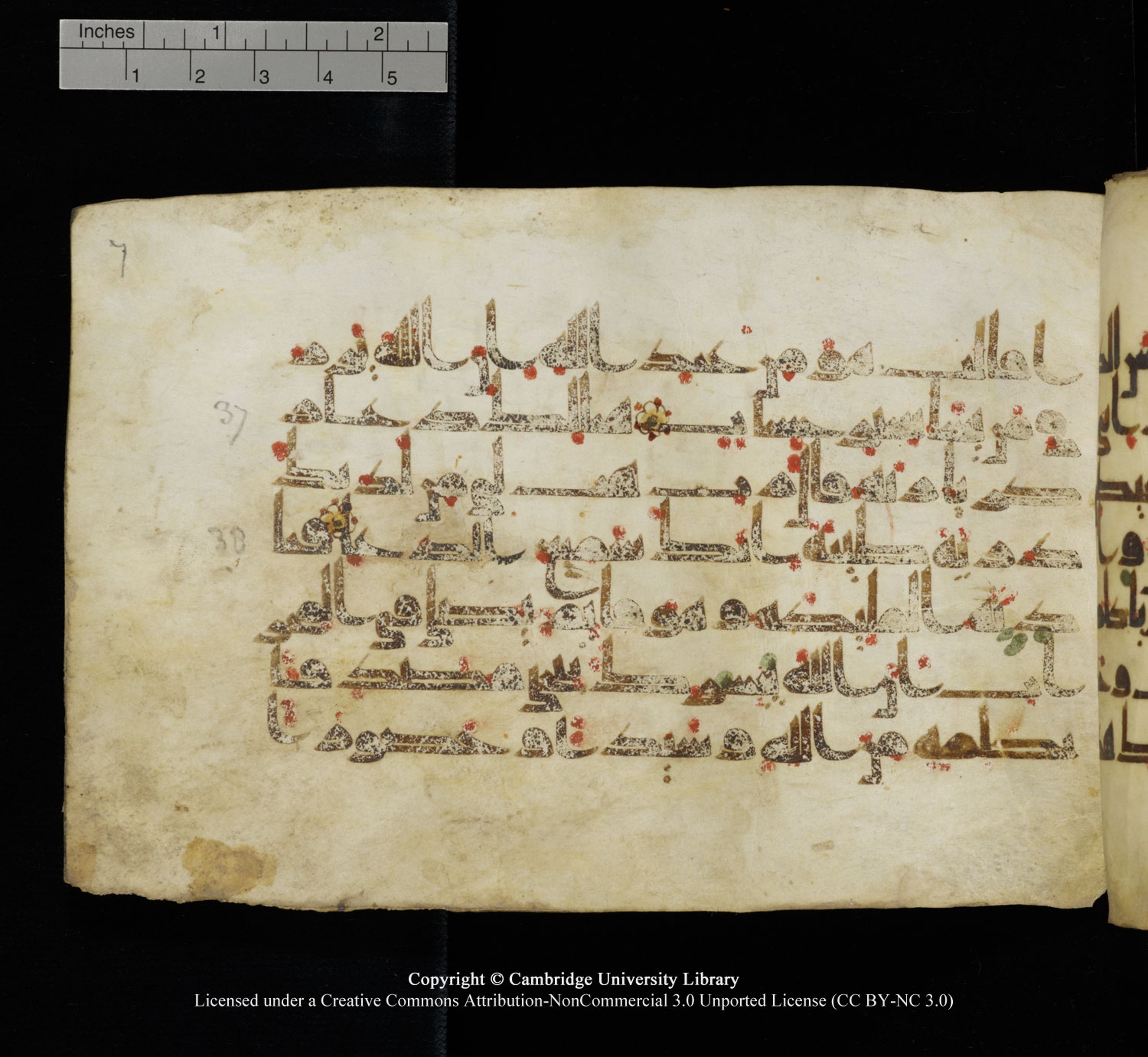 Cambridge University Library, MS Add.1115 (Scan 1), in kūfī D Va script, showing Surah 3:39 from 9th or 10th Century AD found in Sinai Peninsula, currently housed at Cambridge University Library, Cambridge