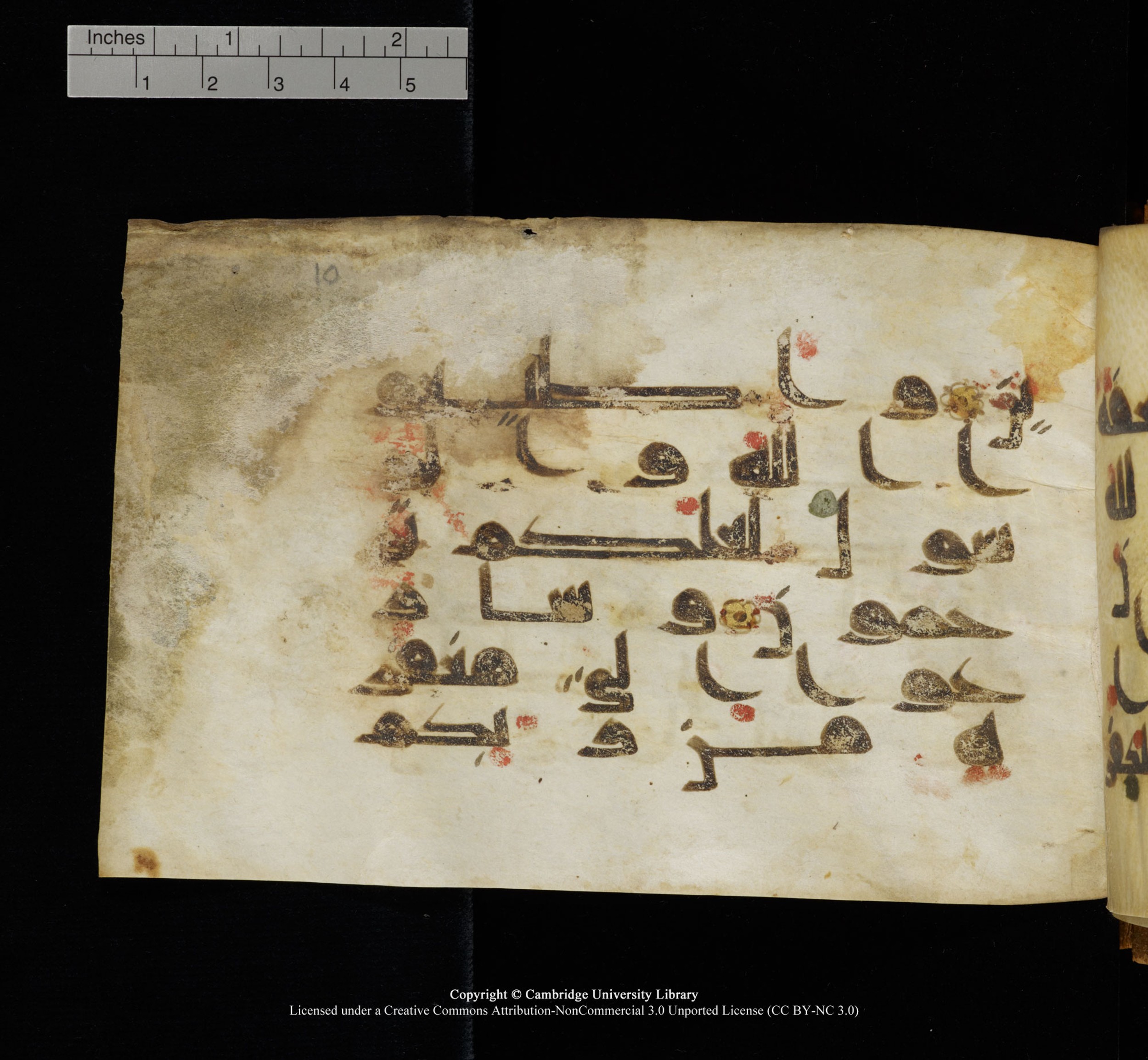 Cambridge, Cambridge University Library, MS Add.1117 (Scan 1), in kūfī D II script, showing Surah 3:133 from 9th or 10th Century AD found in Sinai Peninsula, currently housed at Cambridge University Library, Cambridge