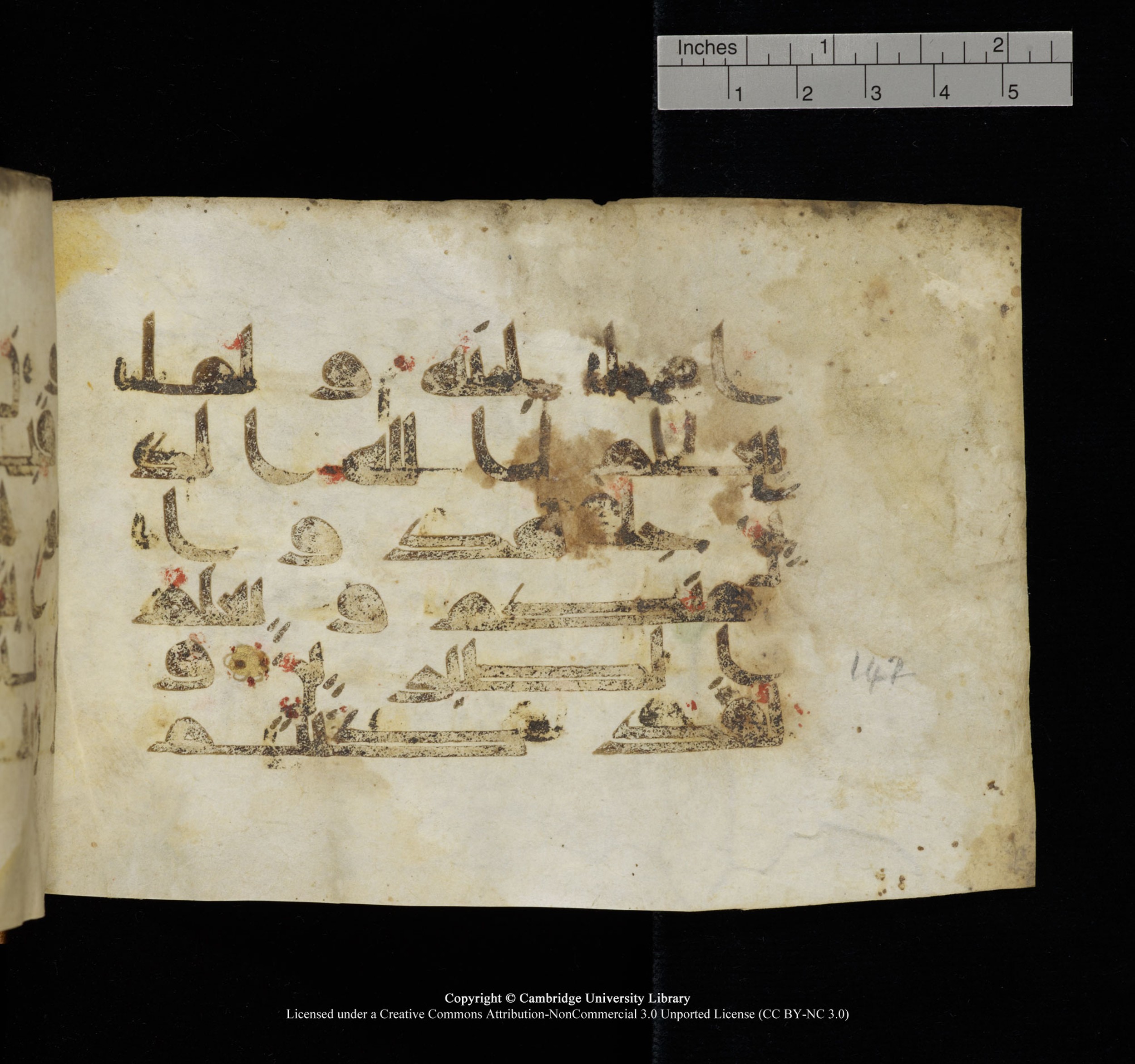 Cambridge, Cambridge University Library, MS Add.1117 (Scan 1), in kūfī D II script, showing Surah 3:143 from 9th or 10th Century AD found in Sinai Peninsula, currently housed at Cambridge University Library, Cambridge