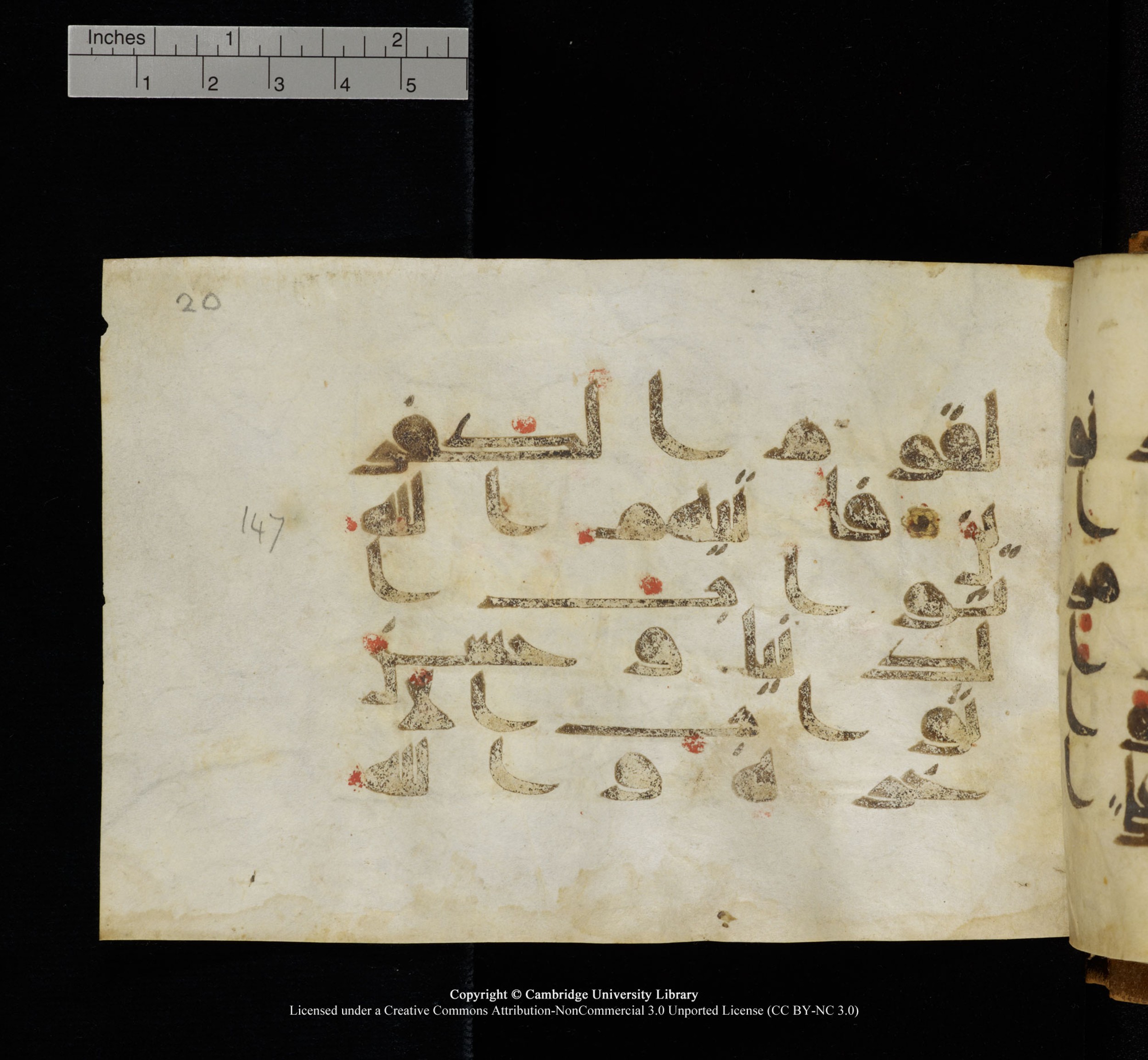 Cambridge, Cambridge University Library, MS Add.1117 (Scan 1), in kūfī D II script, showing Surah 3:148 from 9th or 10th Century AD found in Sinai Peninsula, currently housed at Cambridge University Library, Cambridge