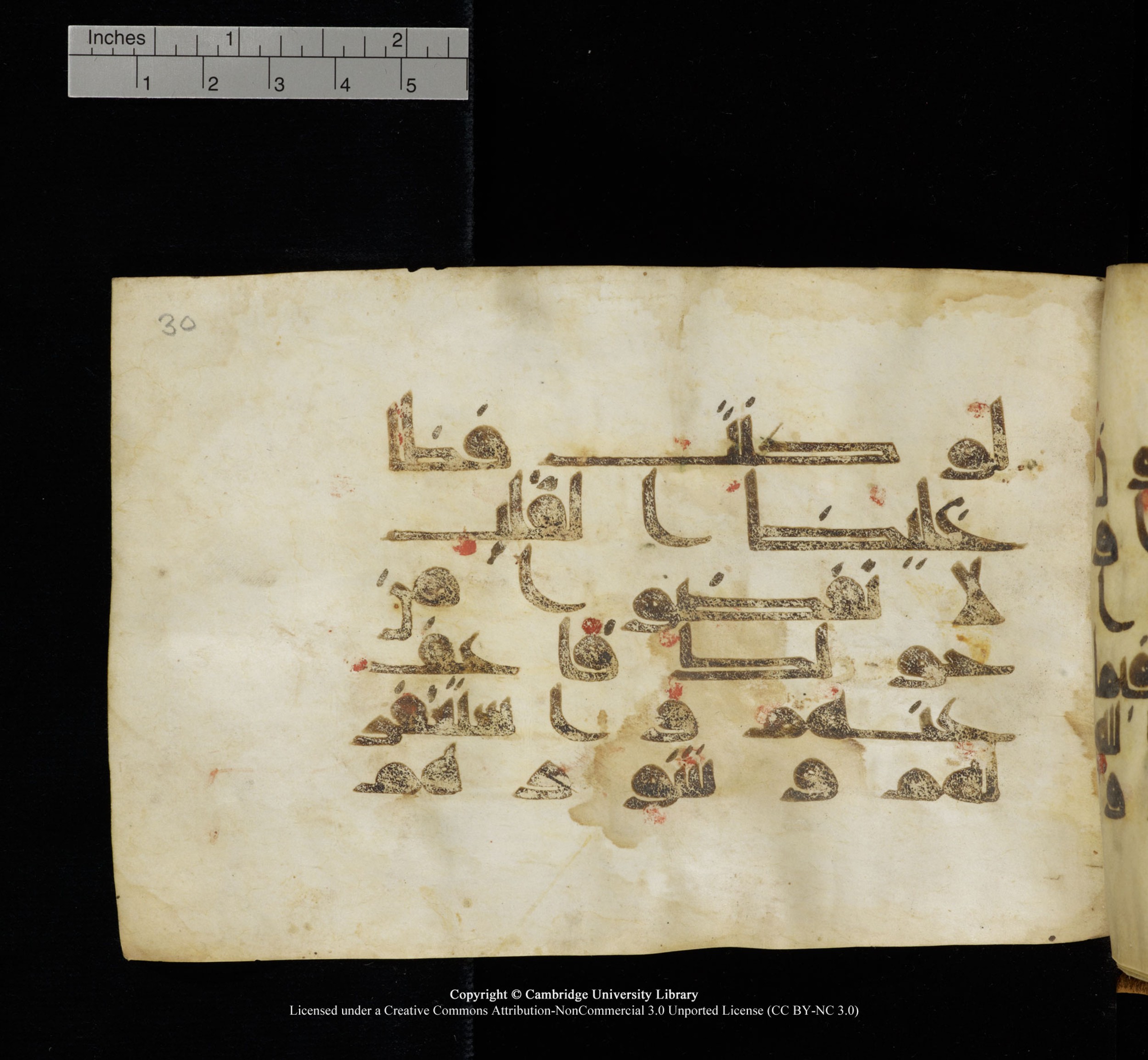 Cambridge, Cambridge University Library, MS Add.1117 (Scan 2), in kūfī D II script, showing Surah 3:159 from 9th or 10th Century AD found in Sinai Peninsula, currently housed at Cambridge University Library, Cambridge