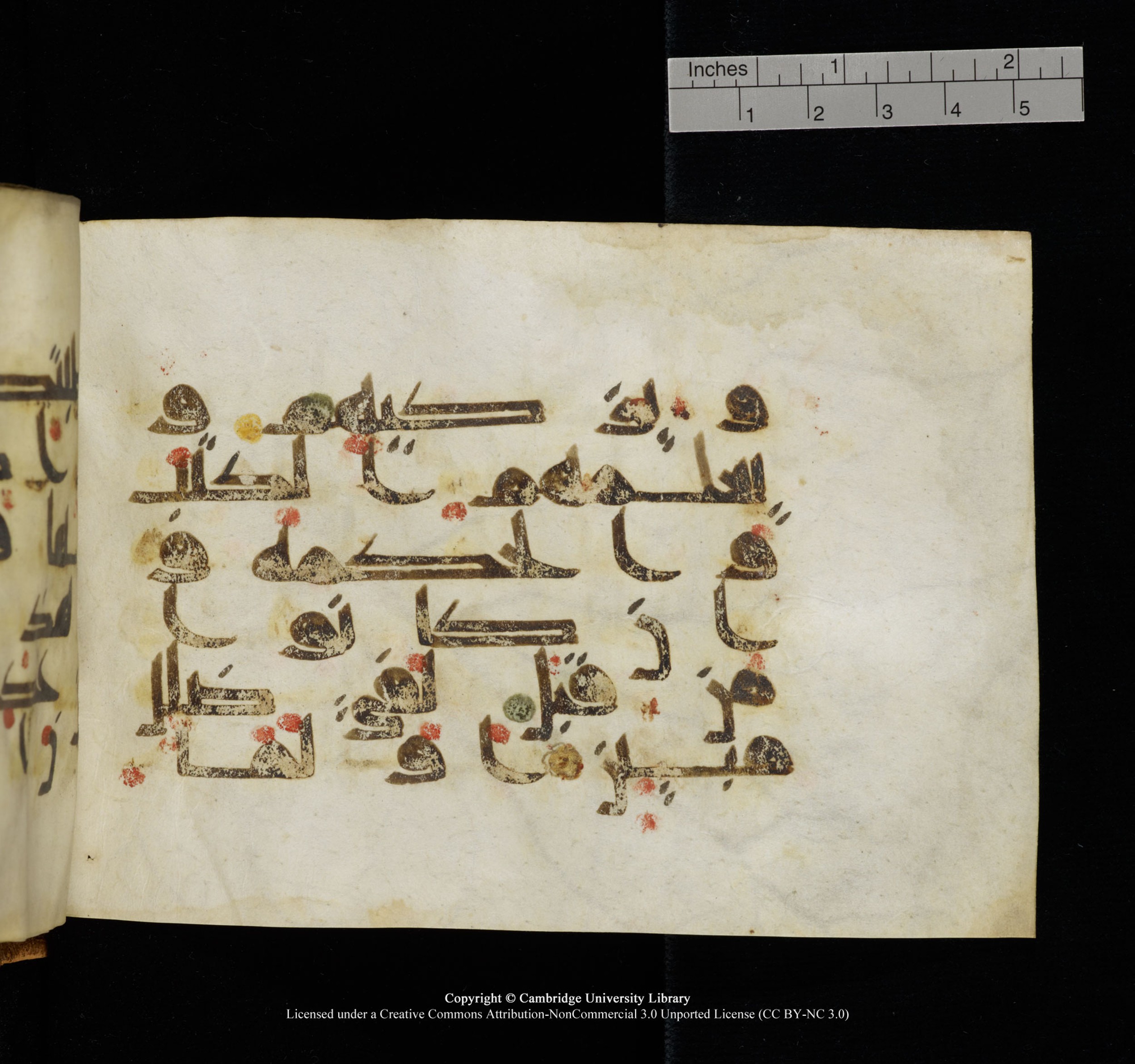 Cambridge, Cambridge University Library, MS Add.1117 (Scan 2), in kūfī D II script, showing Surah 3:164 from 9th or 10th Century AD found in Sinai Peninsula, currently housed at Cambridge University Library, Cambridge