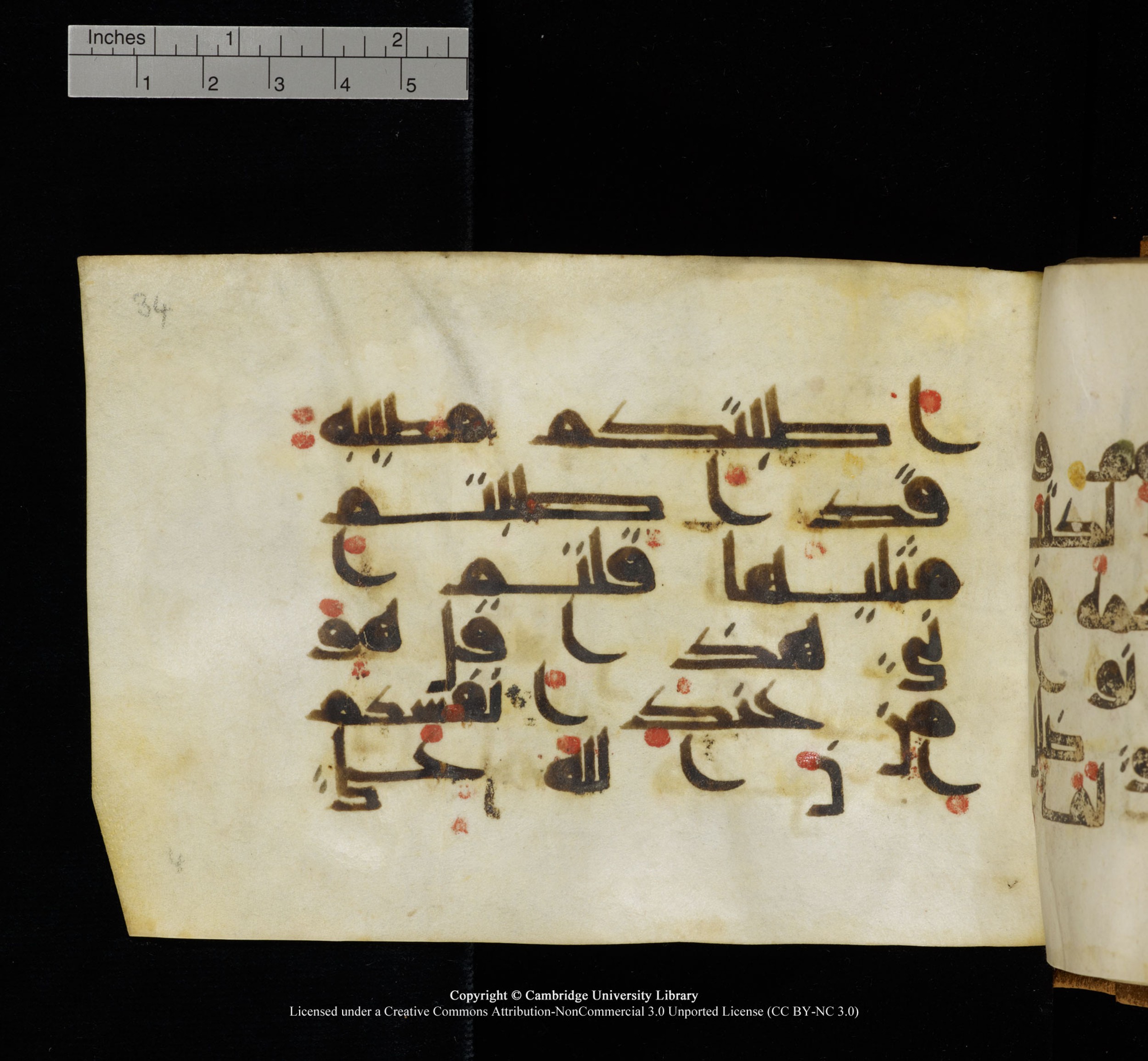 Cambridge, Cambridge University Library, MS Add.1117 (Scan 2), in kūfī D II script, showing Surah 3:165 from 9th or 10th Century AD found in Sinai Peninsula, currently housed at Cambridge University Library, Cambridge