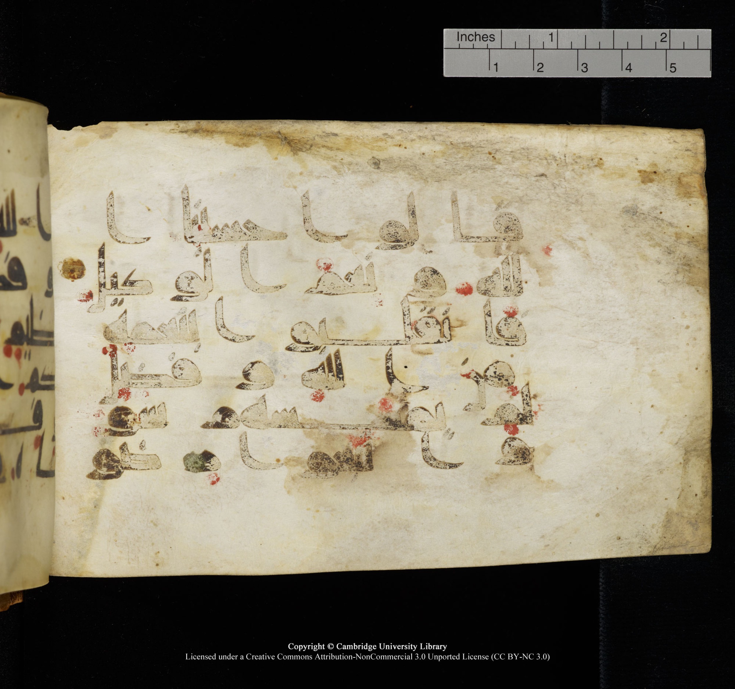 Cambridge, Cambridge University Library, MS Add.1117 (Scan 1), in kūfī D II script, showing Surah 3:174 from 9th or 10th Century AD found in Sinai Peninsula, currently housed at Cambridge University Library, Cambridge