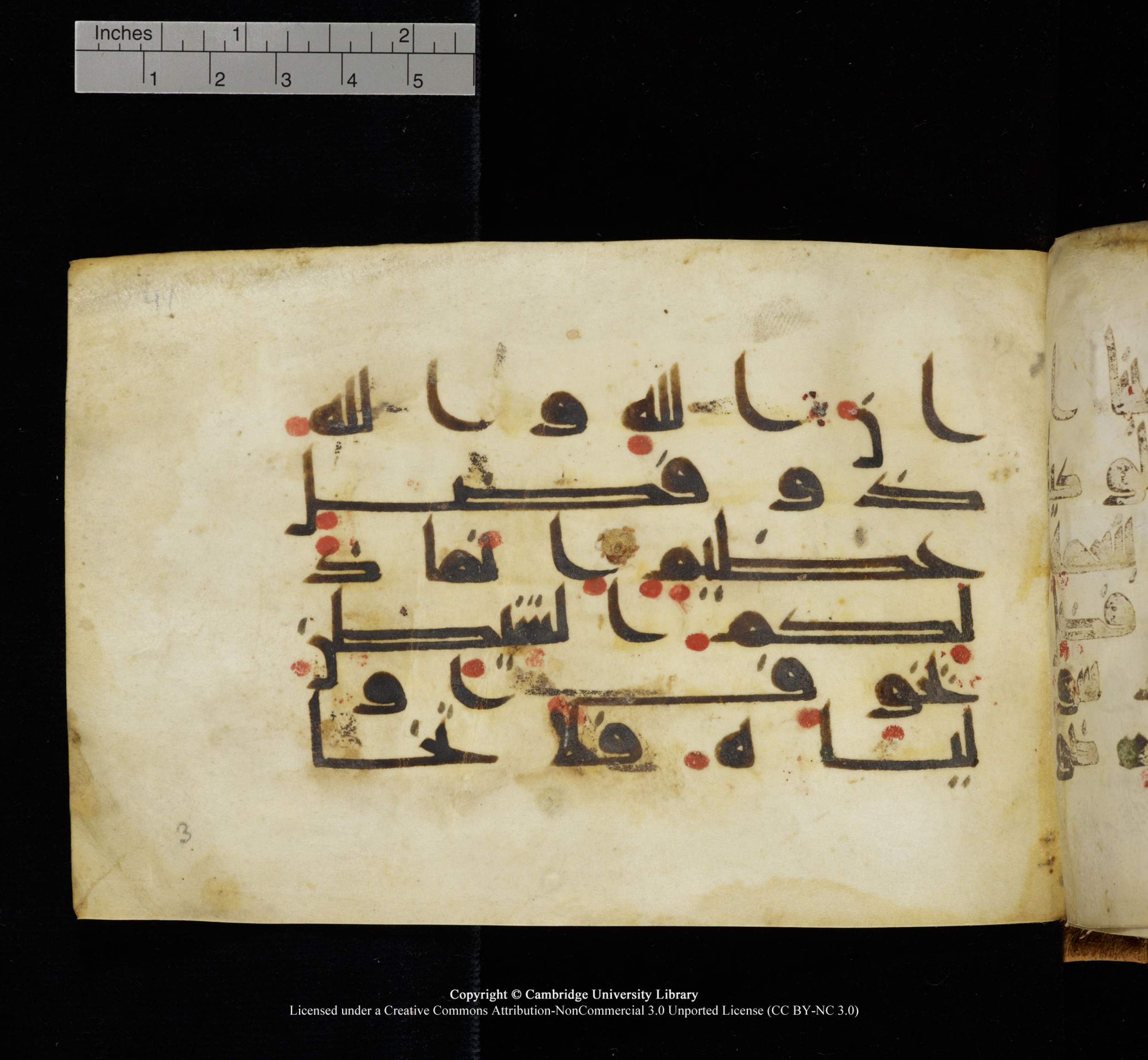 Cambridge, Cambridge University Library, MS Add.1117 (Scan 1), in kūfī D II script, showing Surah 3:175 from 9th or 10th Century AD found in Sinai Peninsula, currently housed at Cambridge University Library, Cambridge