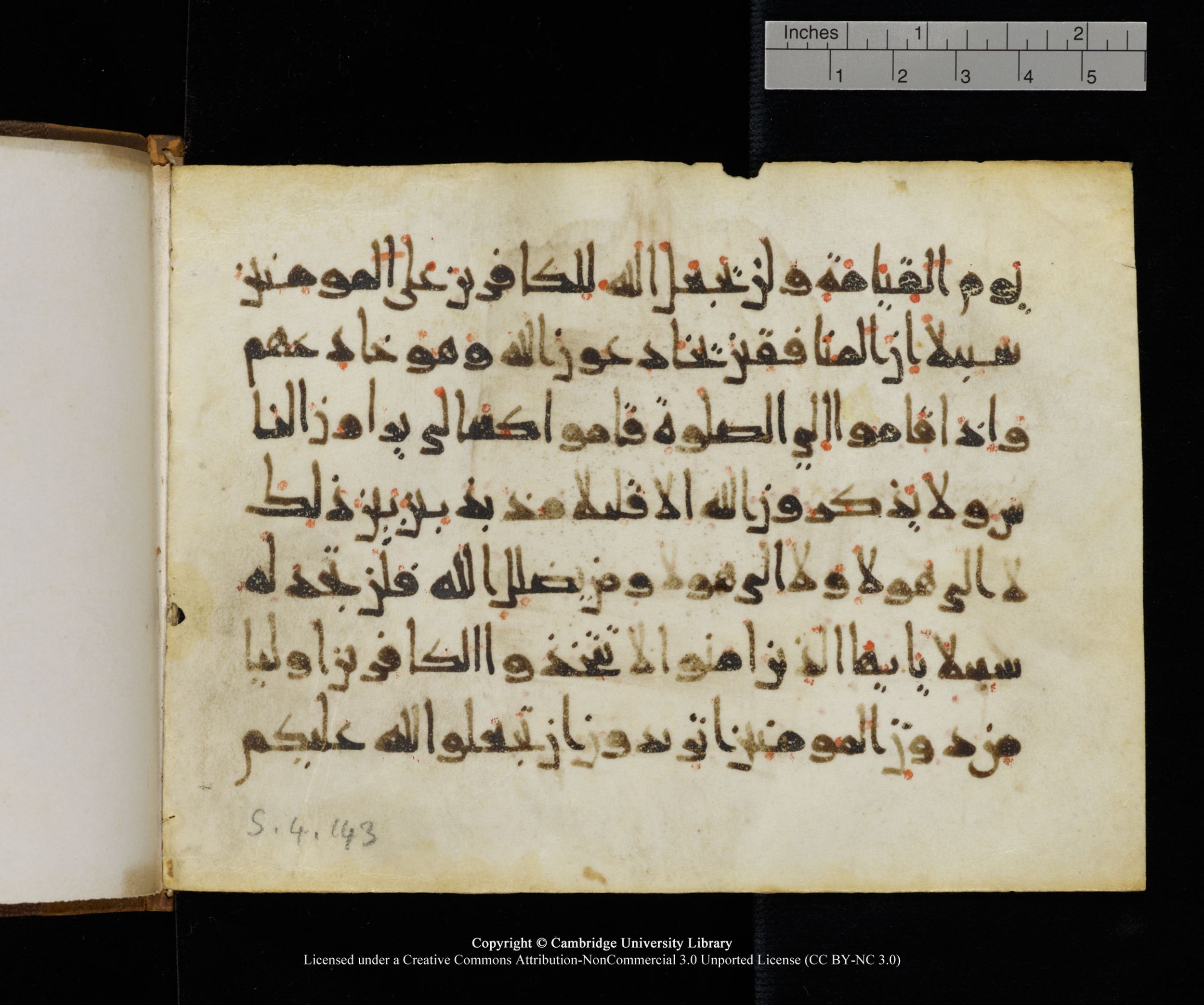 Cambridge MS Add.1119 (Scan 2), in Abbasid New Style script, showing Surah 4:141 from 9th or 10th Century AD found in Sinai Peninsula, currently housed at Cambridge University Library, Cambridge