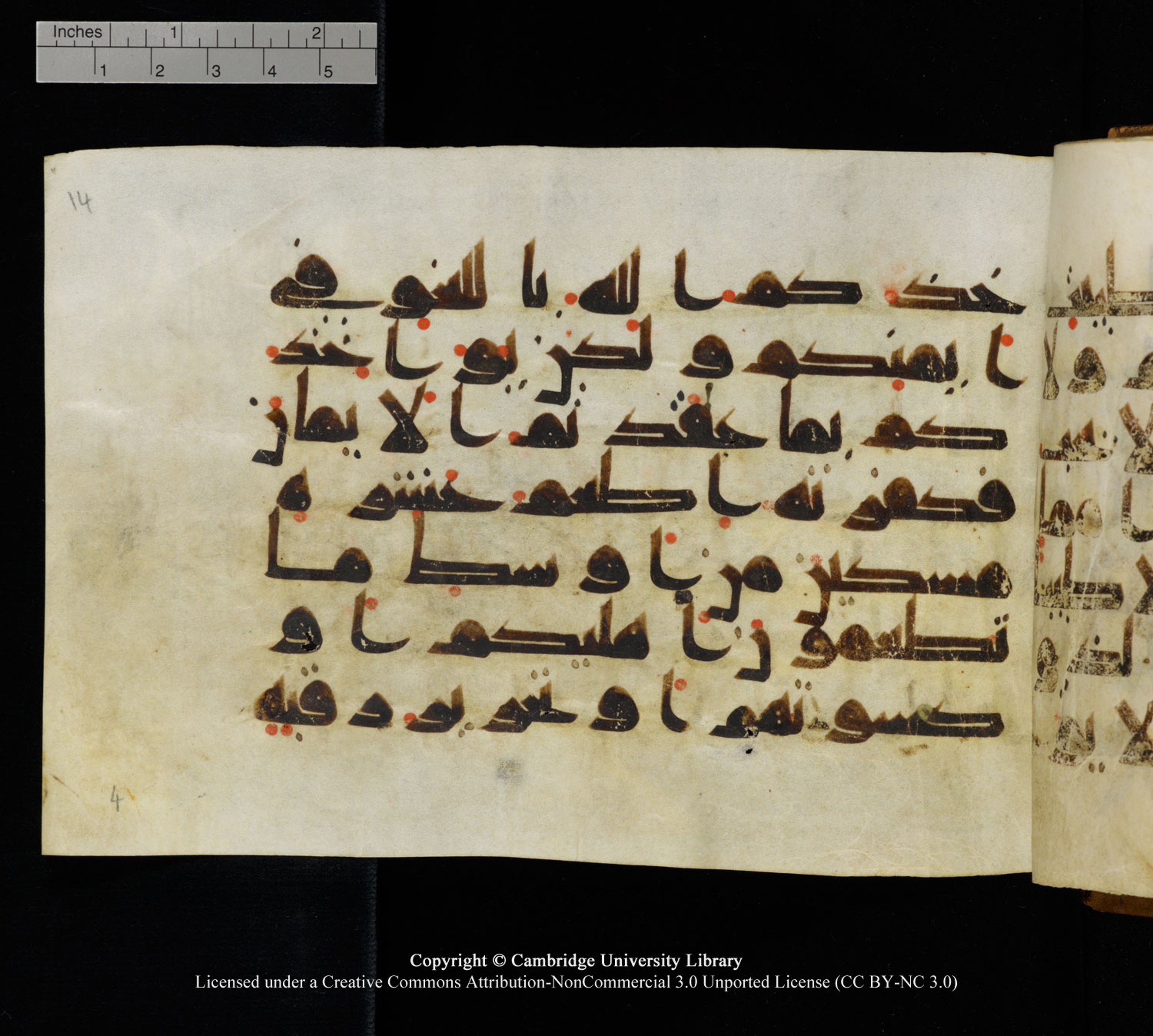 Cambridge University Library MS Add.1120 (Scan 2), in kūfī D.IV script, showing Surah 5:89 from 9th or 10th Century AD found in Sinai Peninsula, Egypt, currently housed at Cambridge University Library, Cambridge, UK