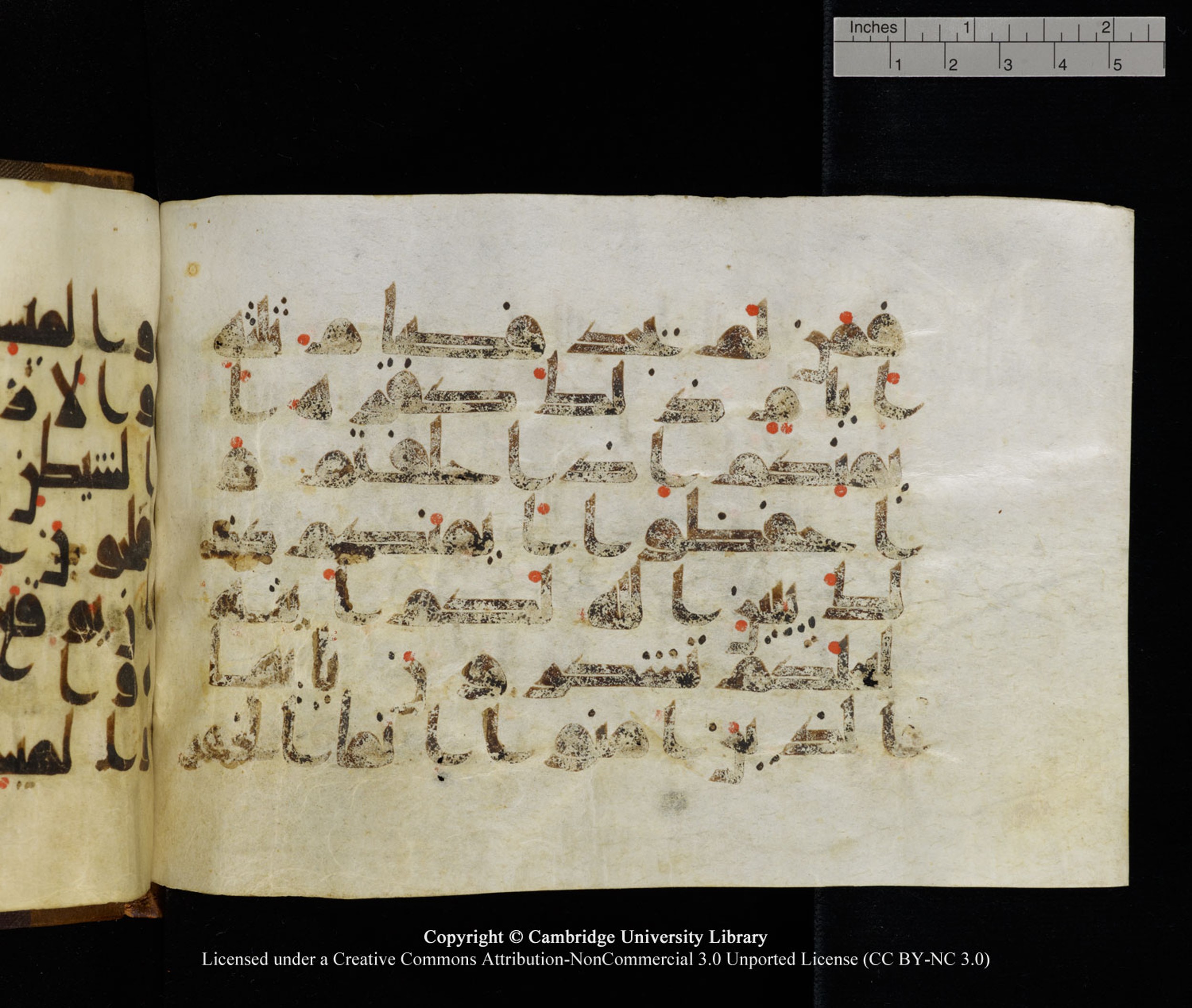 Cambridge University Library MS Add.1120 (Scan 1), in kūfī D.IV script, showing Surah 5:90 from 9th or 10th Century AD found in Sinai Peninsula, Egypt, currently housed at Cambridge University Library, Cambridge, UK