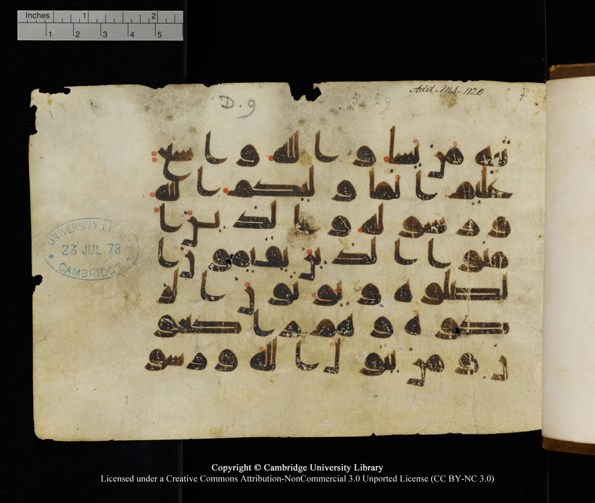 Cambridge University Library MS Add.1120 (Scan 1), in kūfī D.IV script, showing Surah 5:56 from 9th or 10th Century AD found in Sinai Peninsula, Egypt, currently housed at Cambridge University Library, Cambridge, UK