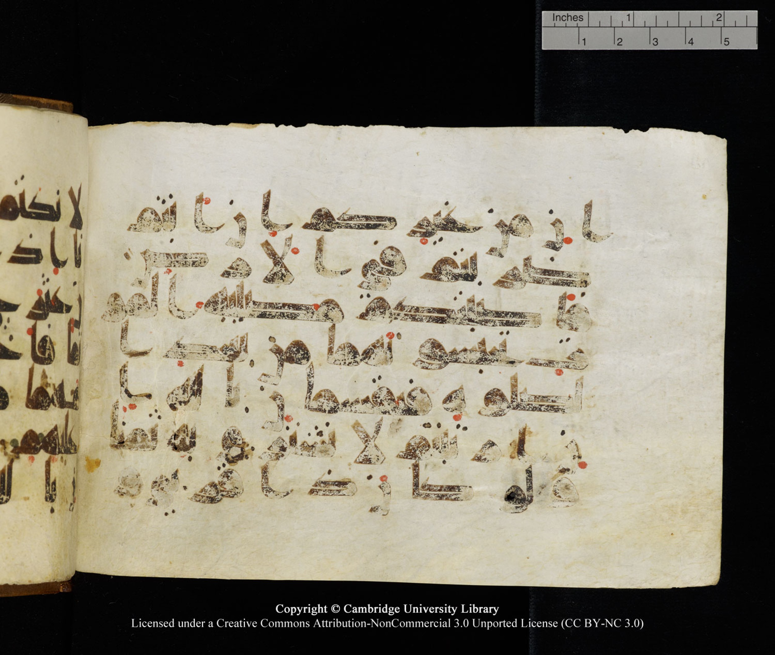 Cambridge University Library MS Add.1120 (Scan 2), in kūfī D.IV script, showing Surah 5:106 from 9th or 10th Century AD found in Sinai Peninsula, Egypt, currently housed at Cambridge University Library, Cambridge, UK