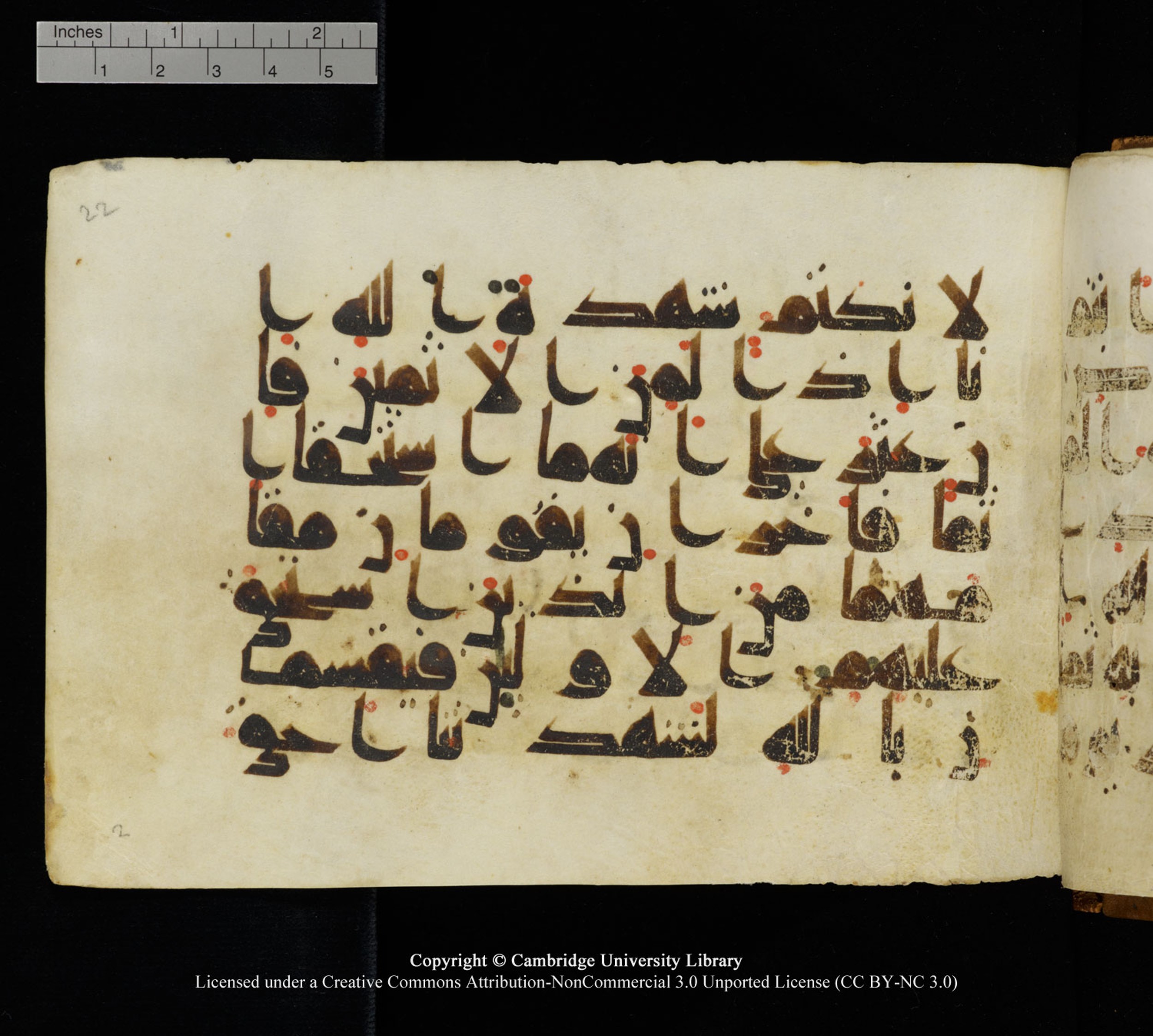 Cambridge University Library MS Add.1120 (Scan 3), in kūfī D.IV script, showing Surah 5:106 from 9th or 10th Century AD found in Sinai Peninsula, Egypt, currently housed at Cambridge University Library, Cambridge, UK