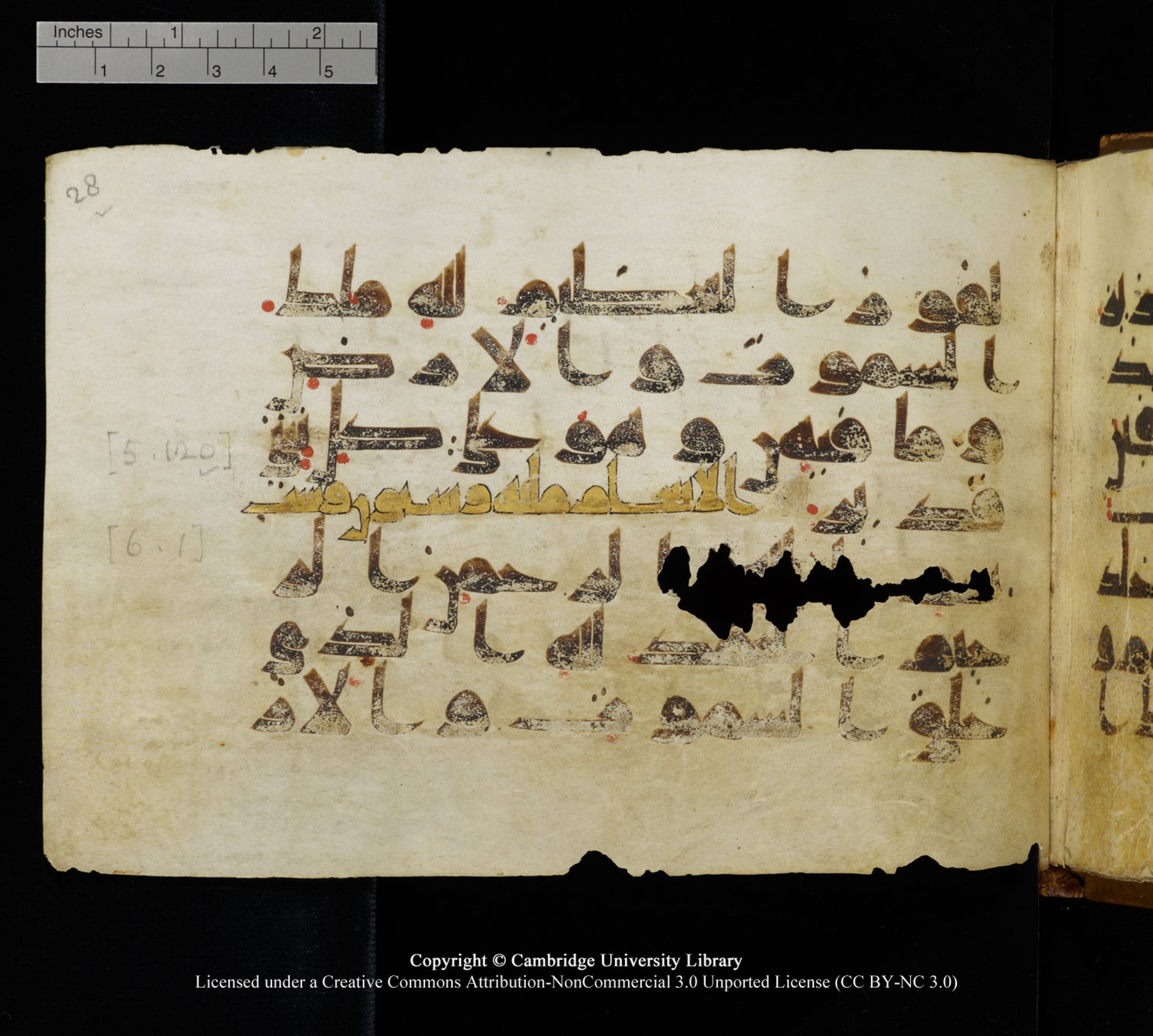 Cambridge University Library MS Add.1120 (Scan 1), in kūfī D.IV script, showing Surah 6:1 from 9th or 10th Century AD found in Sinai Peninsula, Egypt, currently housed at Cambridge University Library, Cambridge, UK