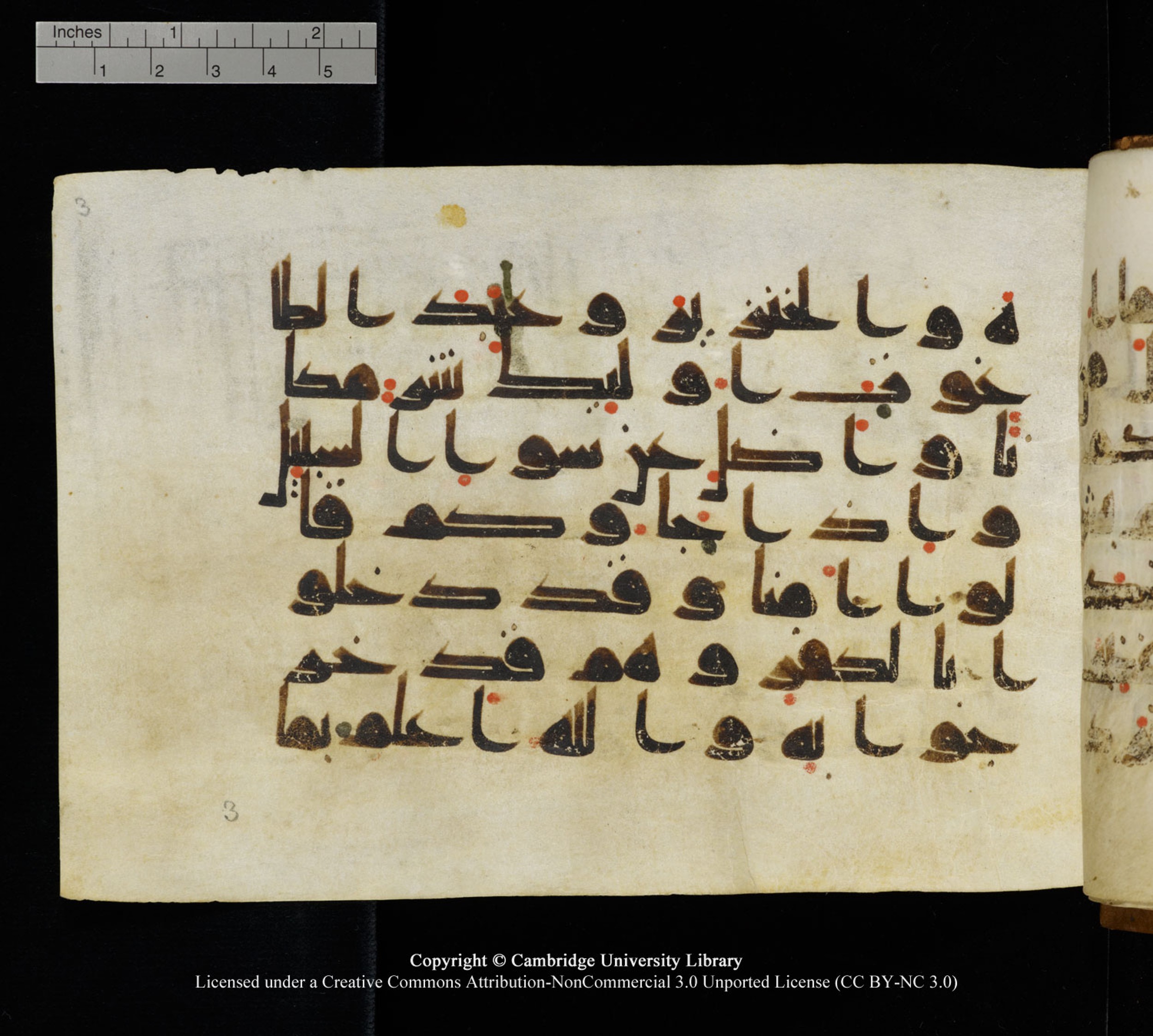 Cambridge University Library MS Add.1120 (Scan 1), in kūfī D.IV script, showing Surah 5:61 from 9th or 10th Century AD found in Sinai Peninsula, Egypt, currently housed at Cambridge University Library, Cambridge, UK