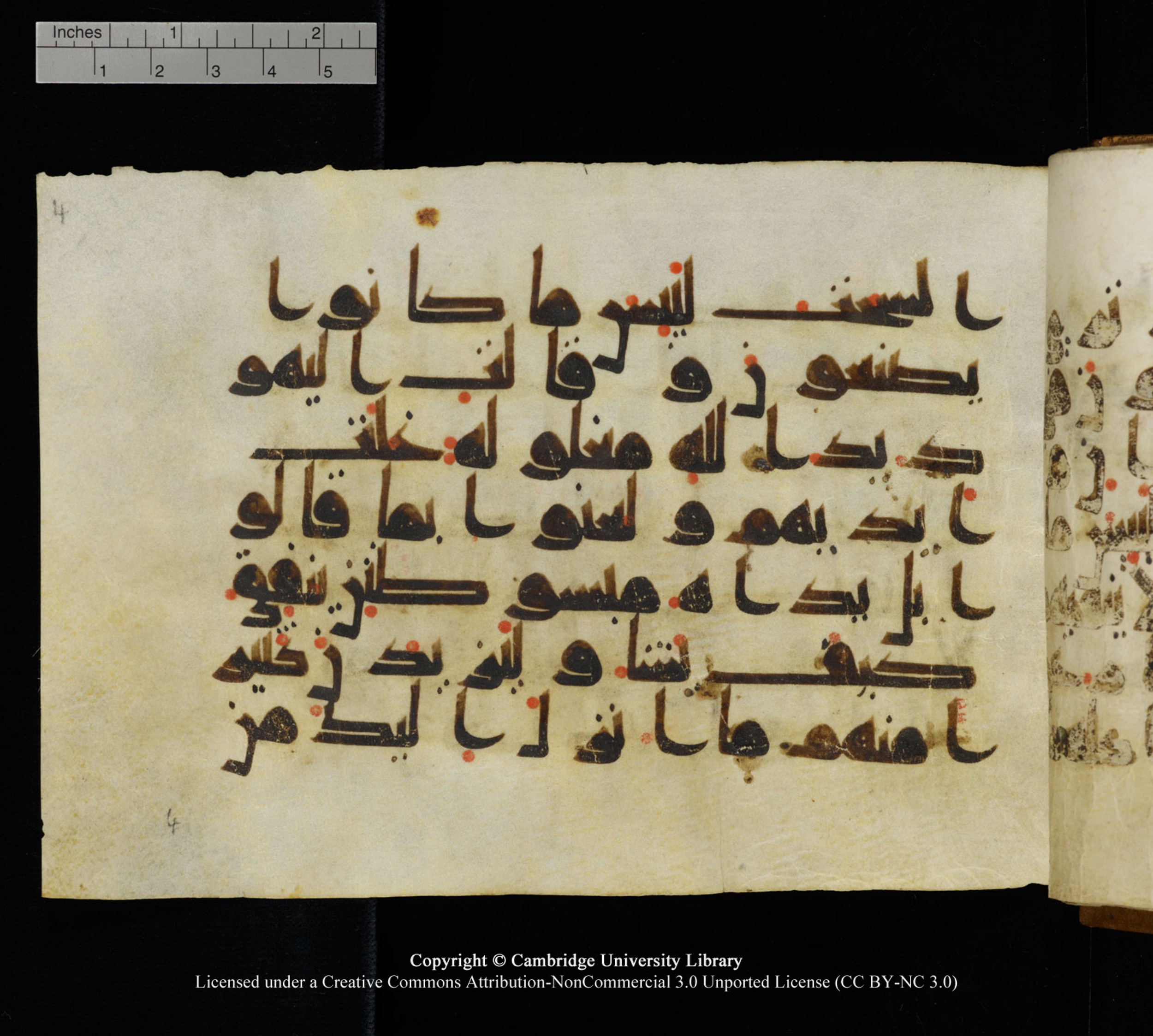 Cambridge University Library MS Add.1120 (Scan 2), in kūfī D.IV script, showing Surah 5:63 from 9th or 10th Century AD found in Sinai Peninsula, Egypt, currently housed at Cambridge University Library, Cambridge, UK