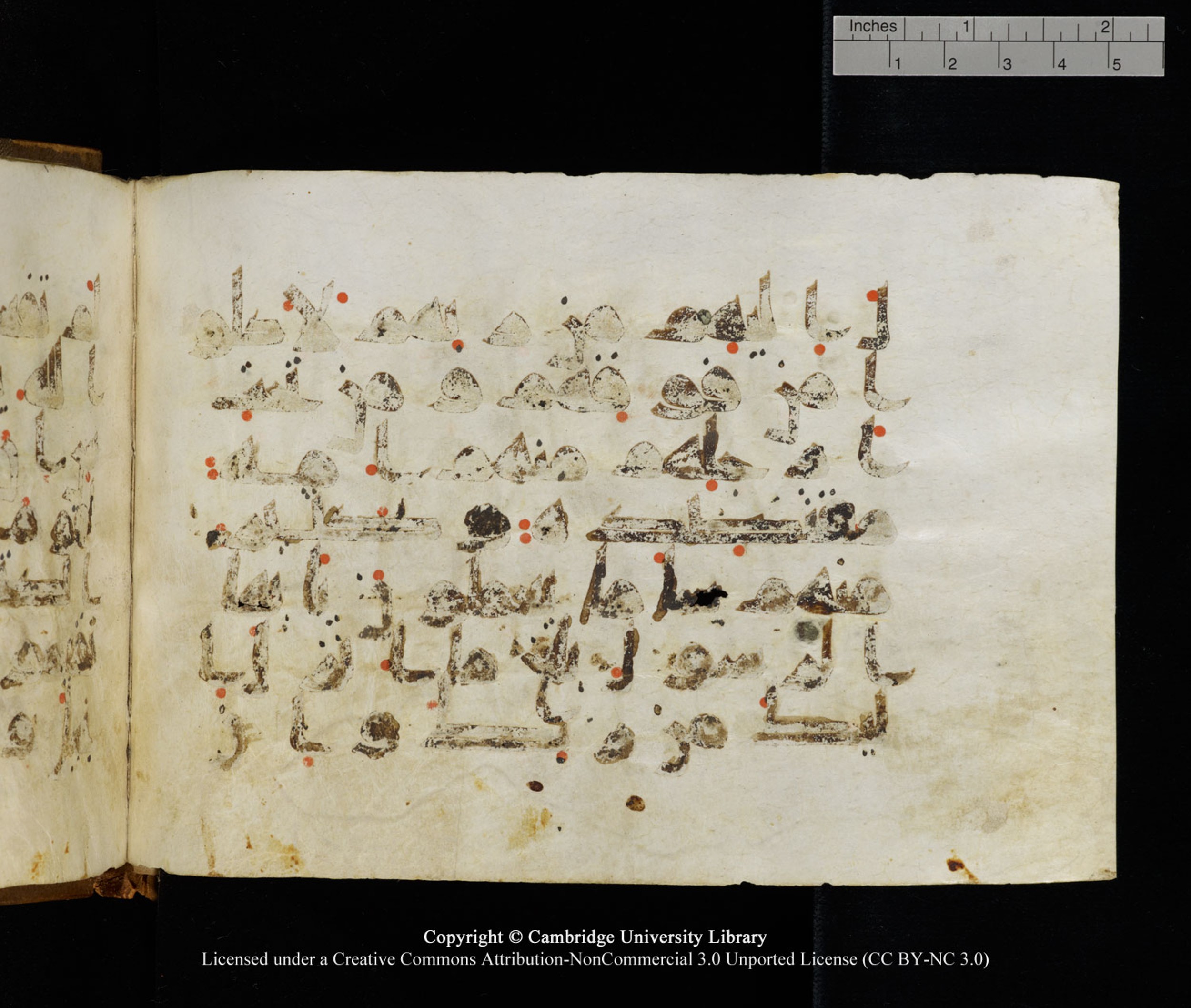 Cambridge University Library MS Add.1120 (Scan 1), in kūfī D.IV script, showing Surah 5:67 from 9th or 10th Century AD found in Sinai Peninsula, Egypt, currently housed at Cambridge University Library, Cambridge, UK