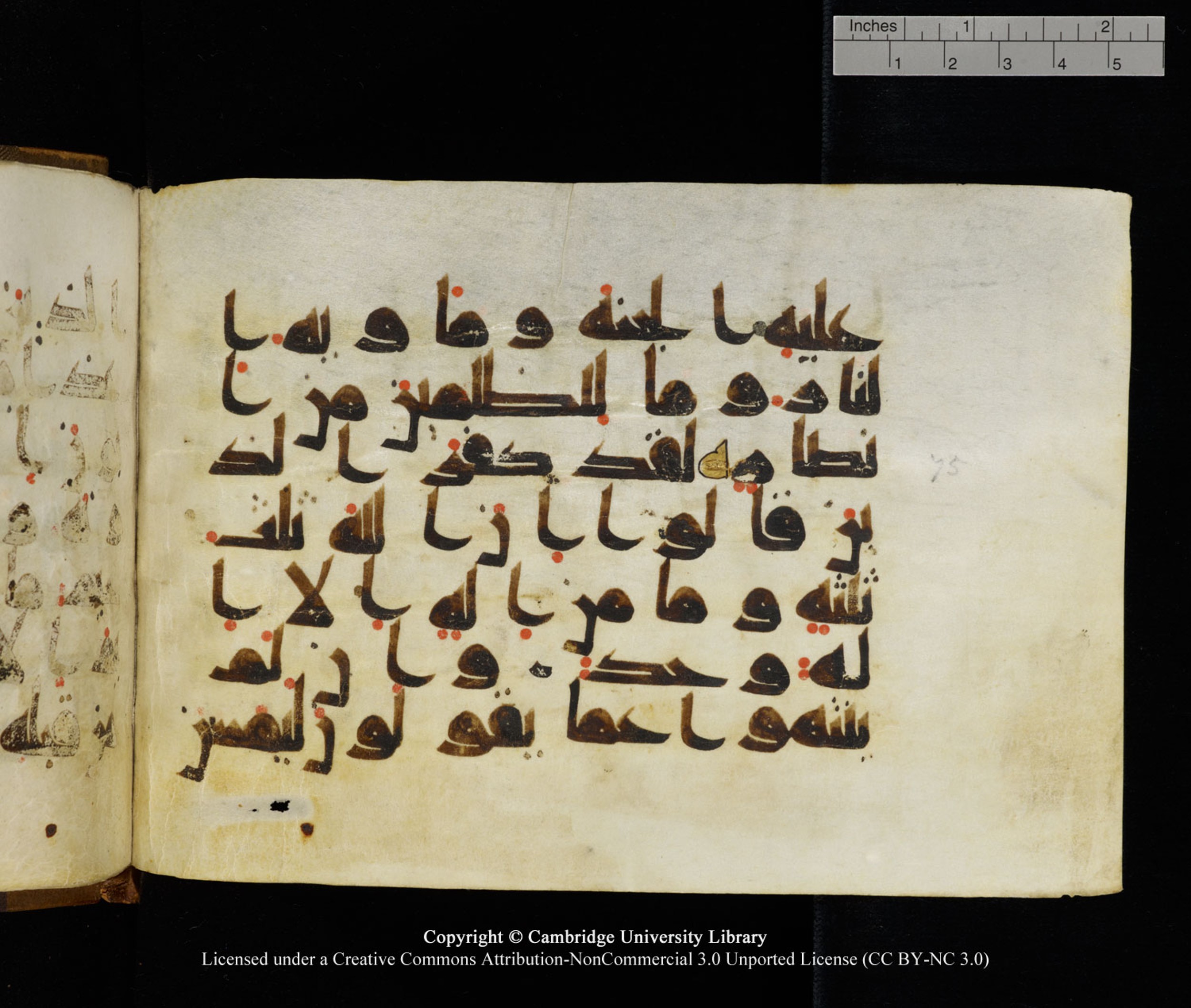 Cambridge University Library MS Add.1120 (Scan 1), in kūfī D.IV script, showing Surah 5:73 from 9th or 10th Century AD found in Sinai Peninsula, Egypt, currently housed at Cambridge University Library, Cambridge, UK