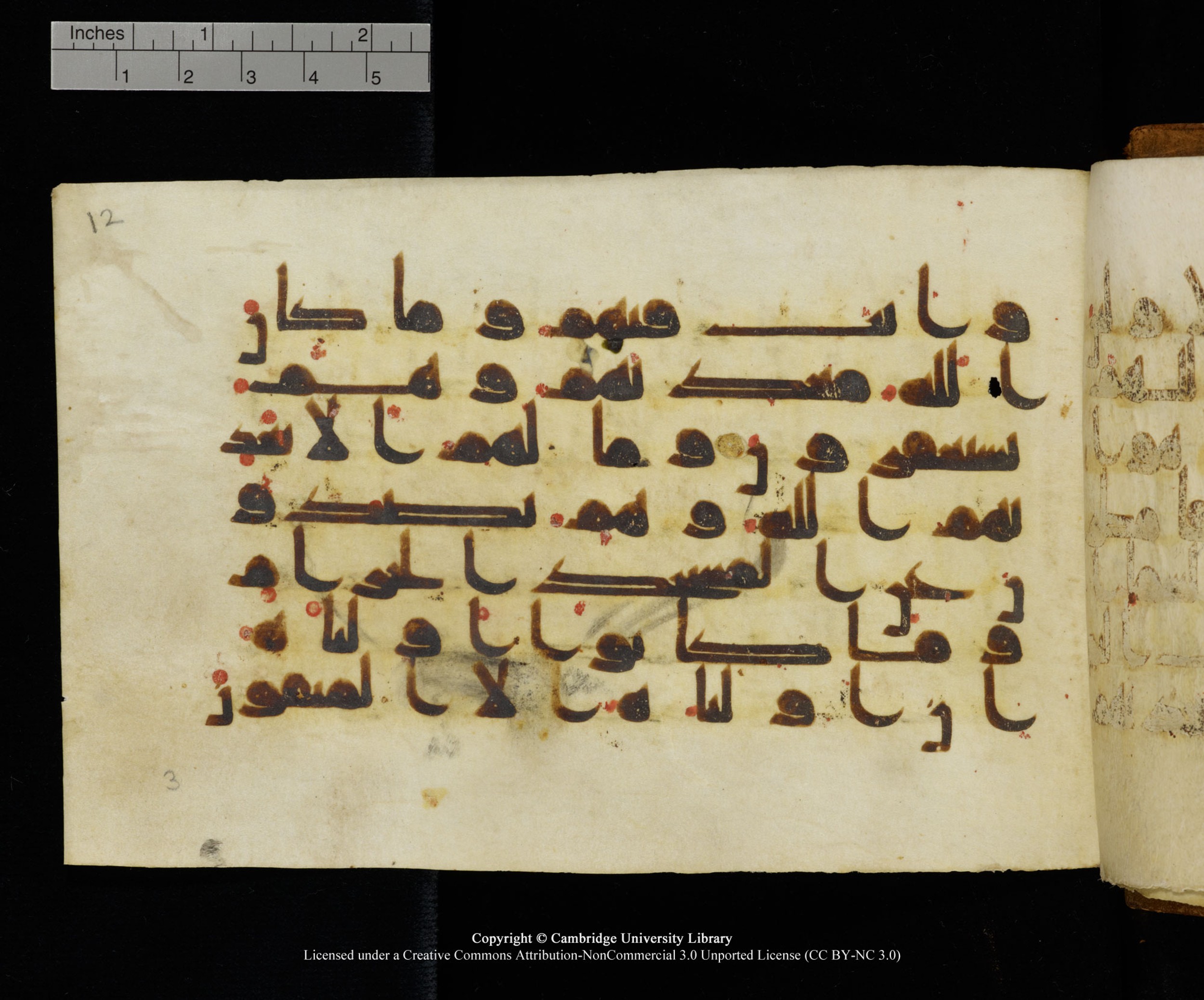 MS Add.1124 (Scan 2), in kūfī D I script, showing Surah 8:33 from 9th to 10th Century AD found in Sinai Peninsula, currently housed at Cambridge University Library, Cambridge