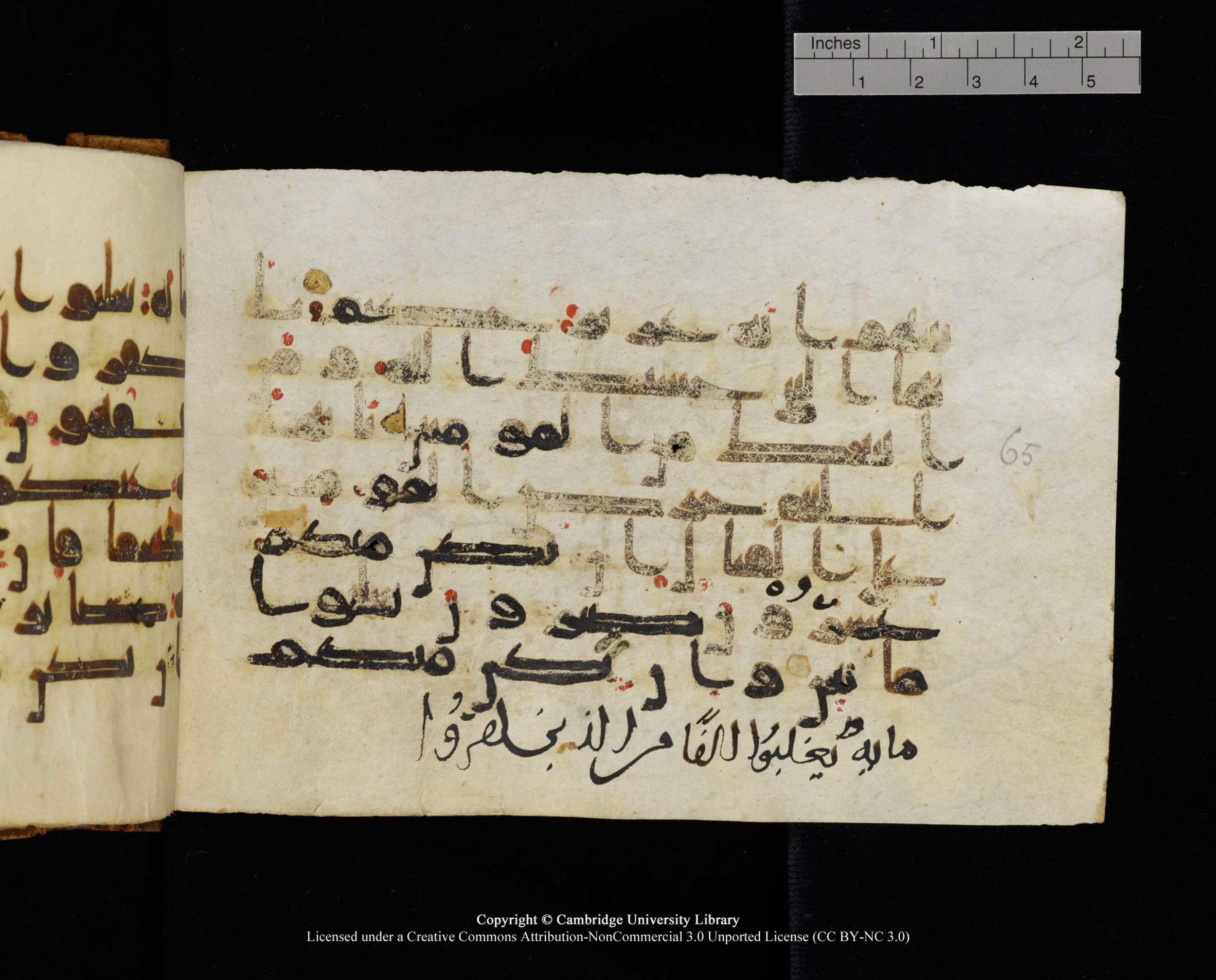 MS Add.1124, in kūfī D I script, showing Surah 8:64 from 9th to 10th Century AD found in Sinai Peninsula, currently housed at Cambridge University Library, Cambridge